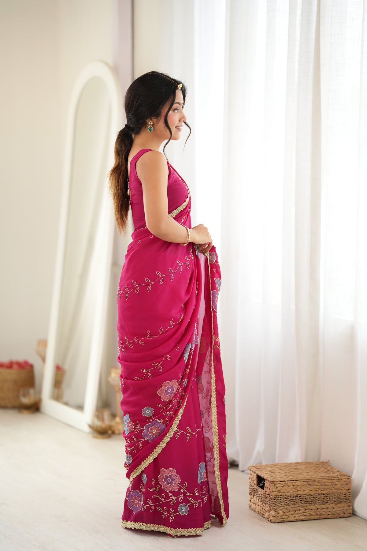 Pink Chiffon Designer Saree with Beads Work & Unstitched Blouse