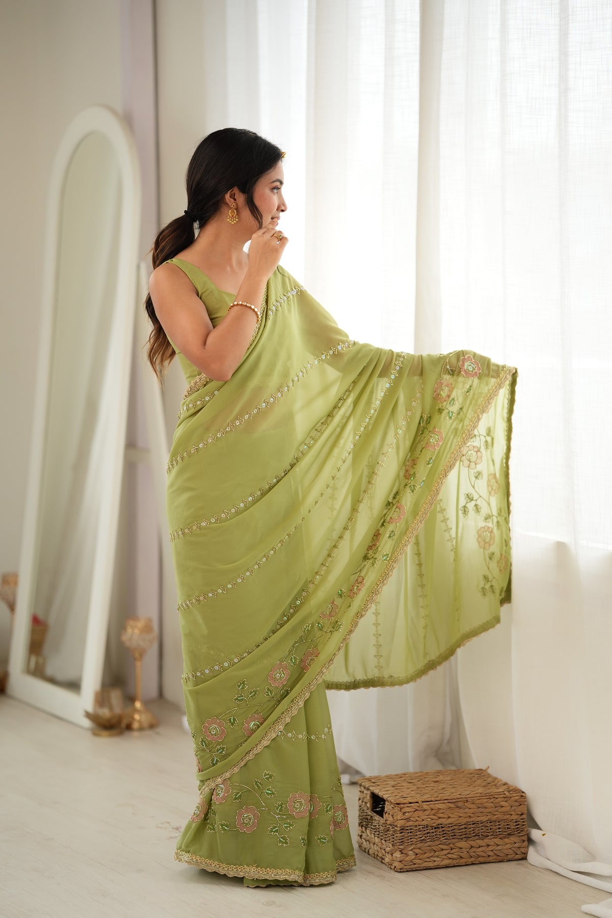 Pista Chiffon Designer Saree with Beads Work & Unstitched Blouse