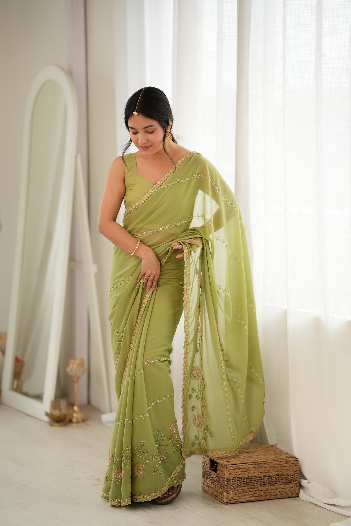 Pista Chiffon Designer Saree with Beads Work & Unstitched Blouse