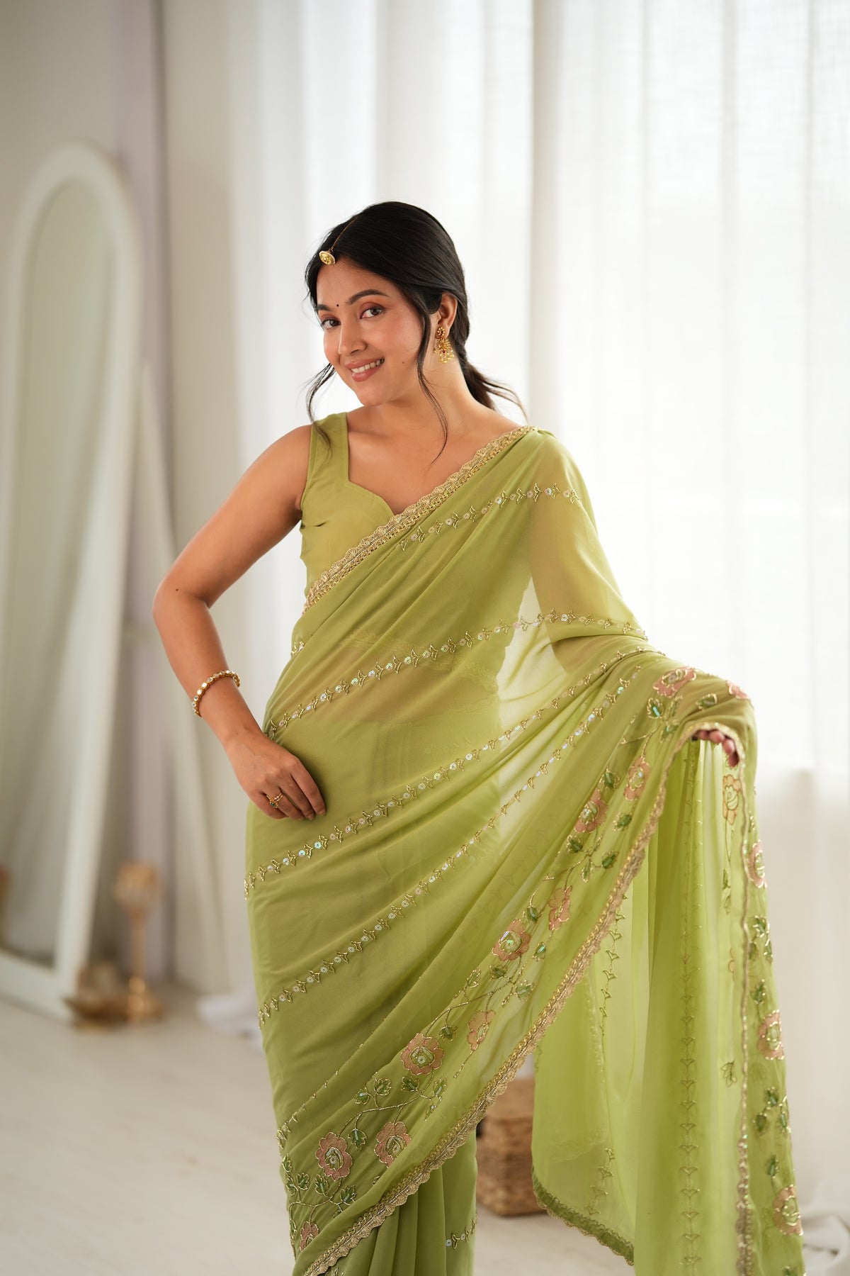 Pista Chiffon Designer Saree with Beads Work & Unstitched Blouse