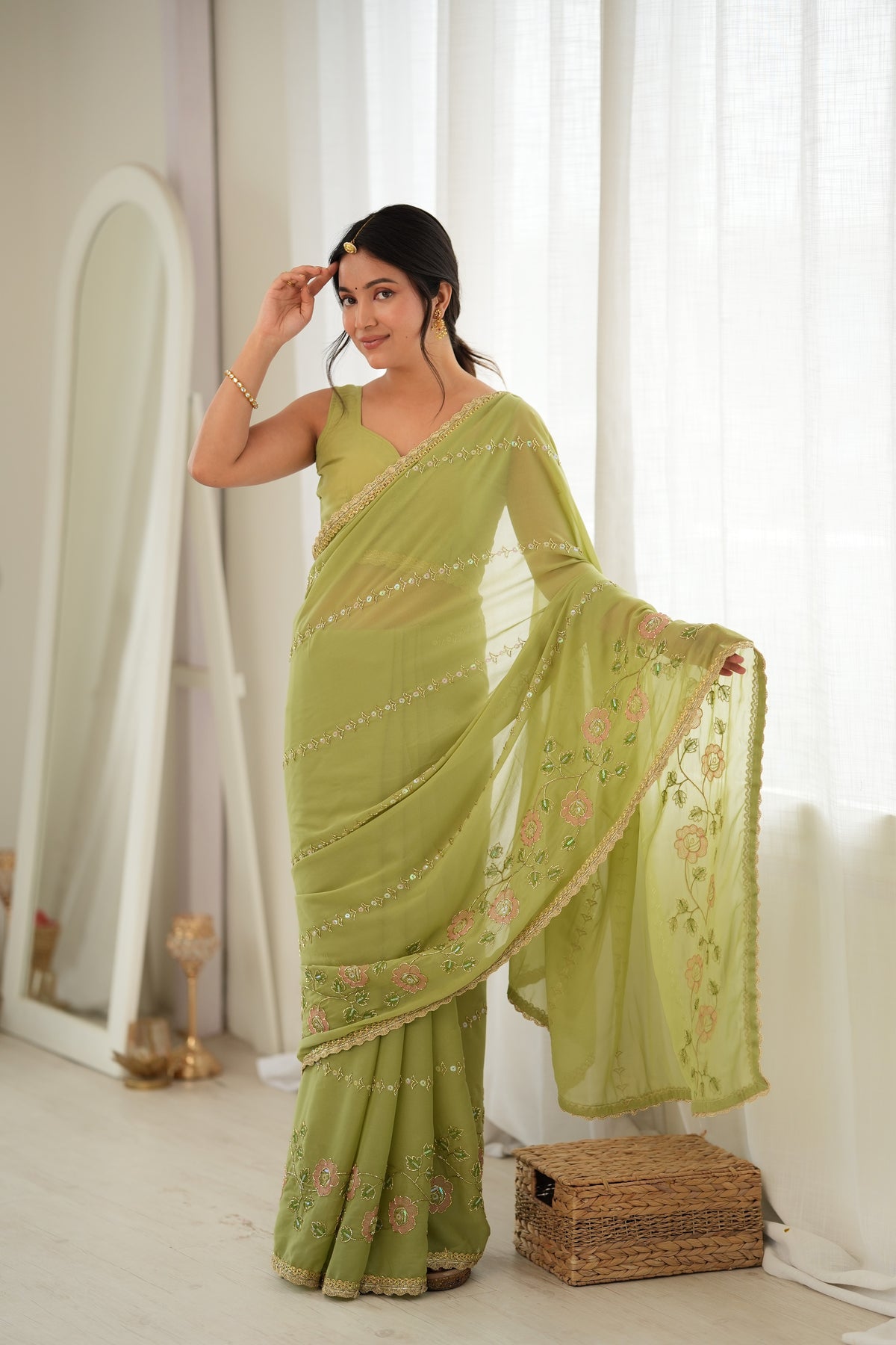 Pista Chiffon Designer Saree with Beads Work & Unstitched Blouse