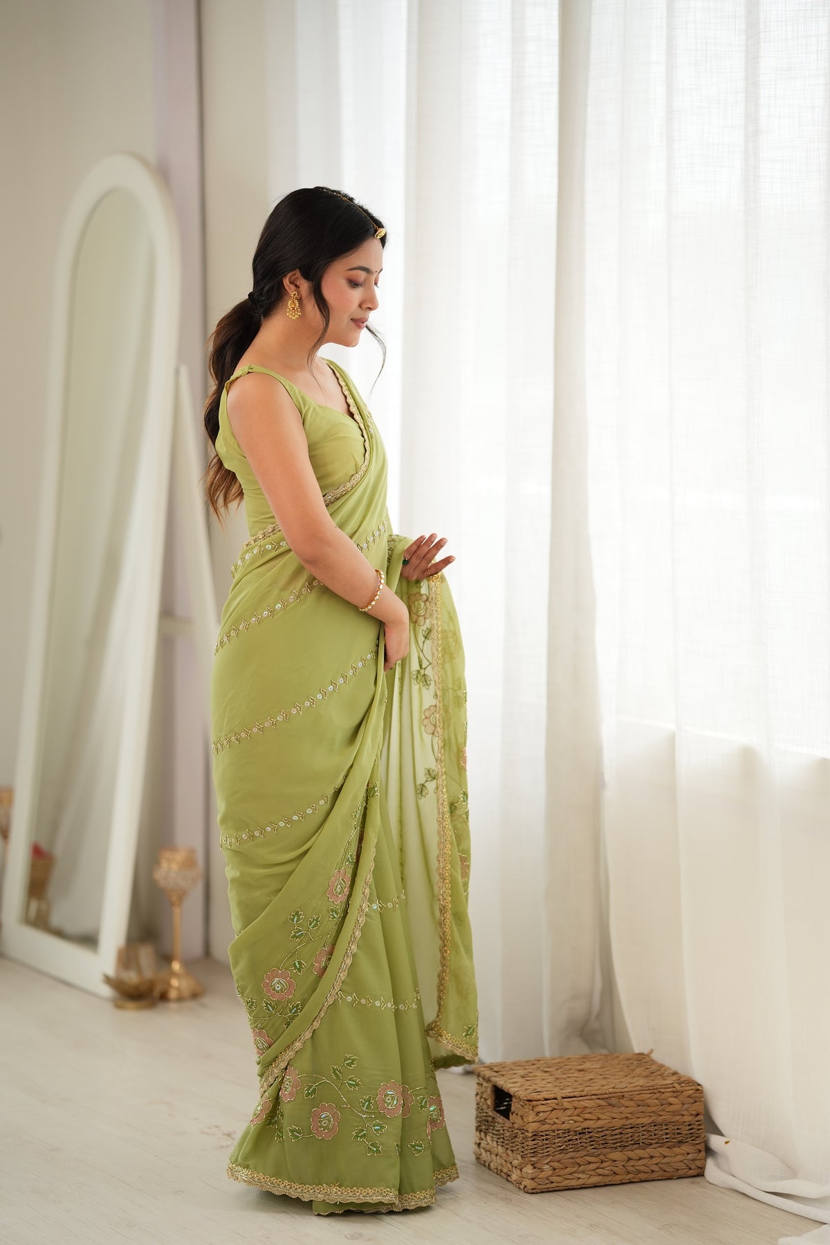Pista Chiffon Designer Saree with Beads Work & Unstitched Blouse