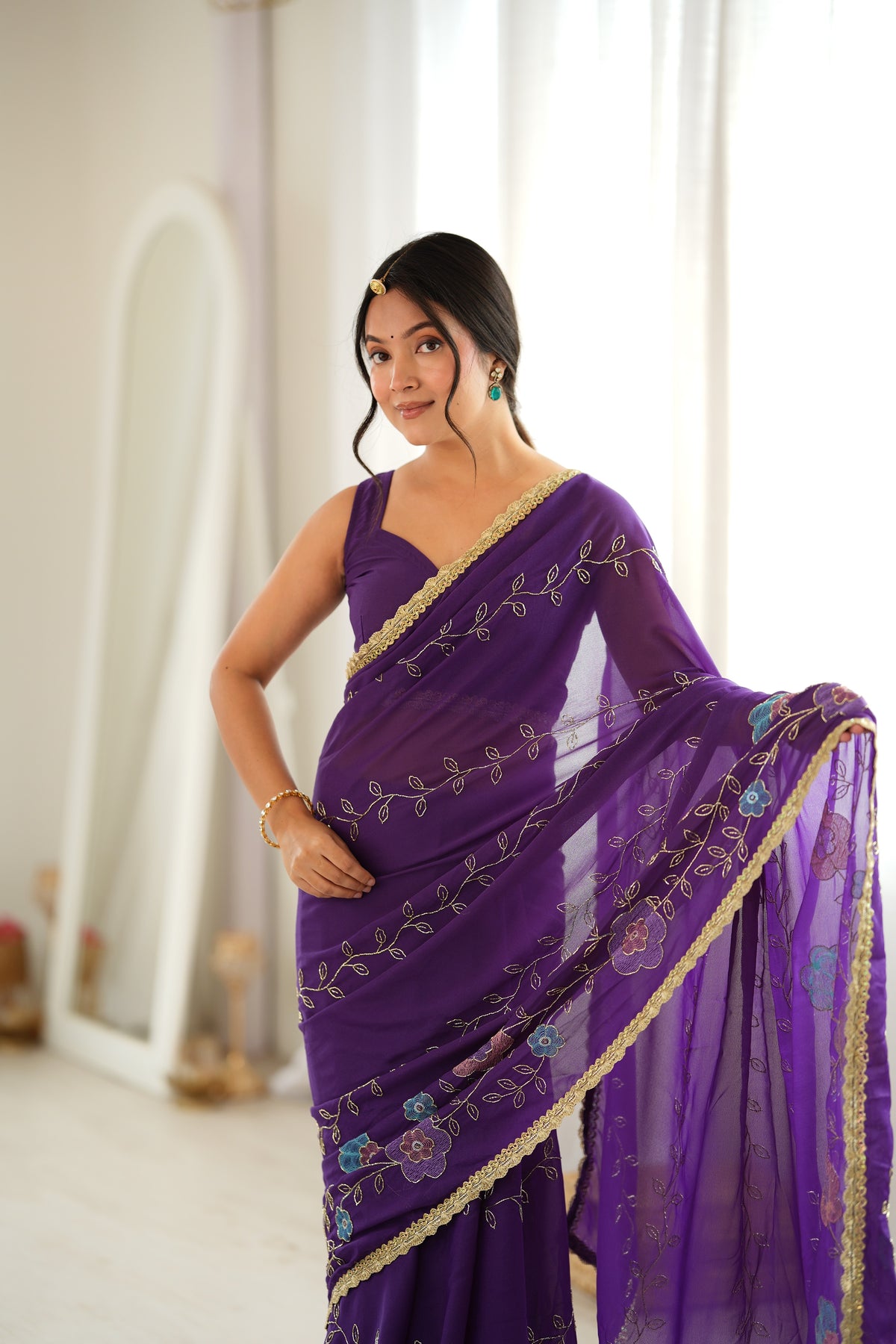Purple Chiffon Designer Saree with Beads Work & Unstitched Blouse