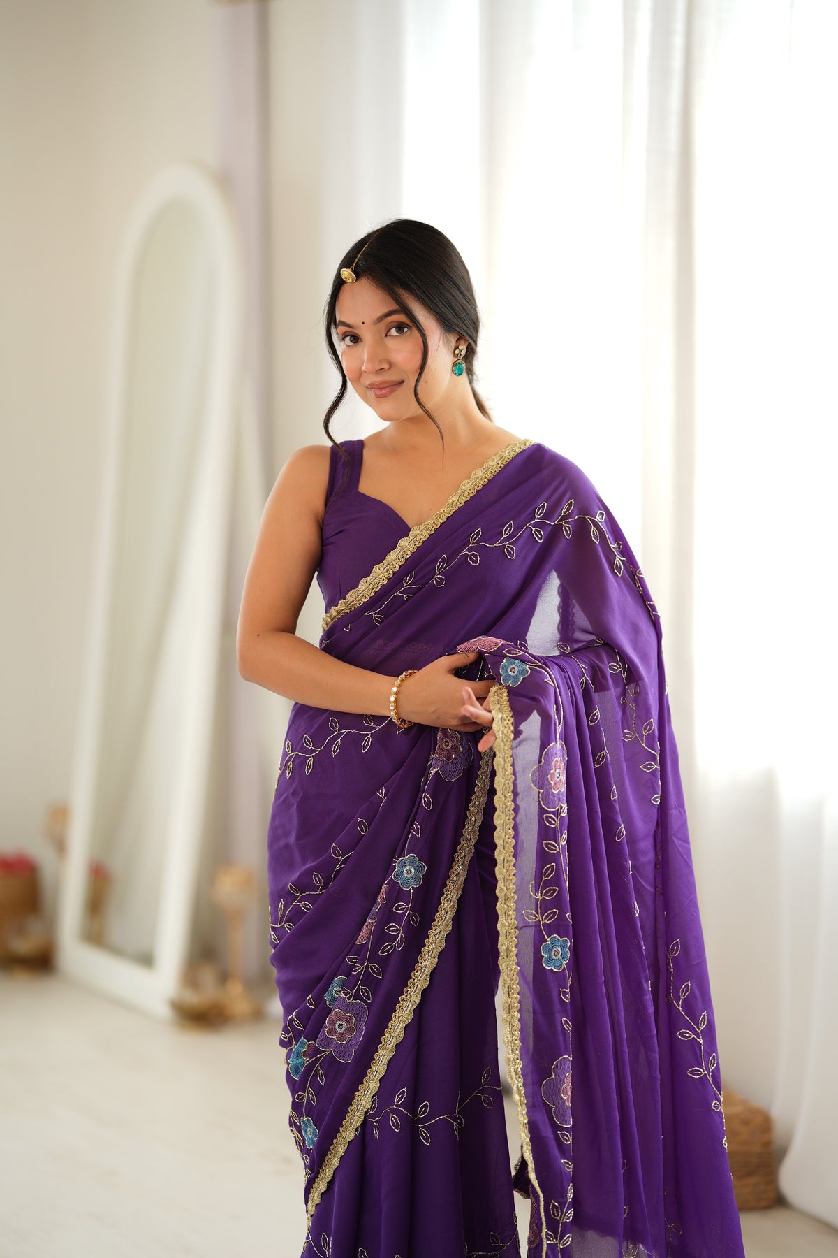 Purple Chiffon Designer Saree with Beads Work & Unstitched Blouse