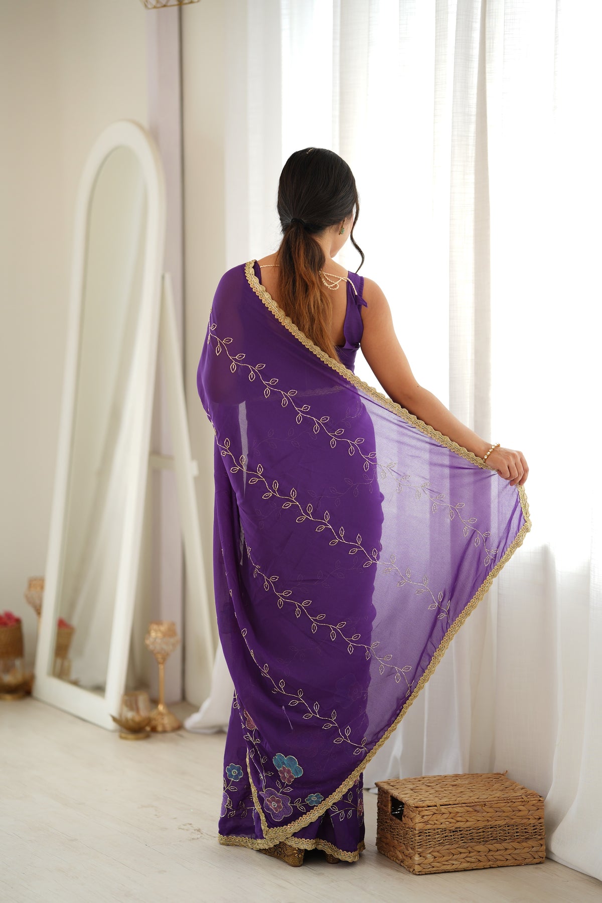 Purple Chiffon Designer Saree with Beads Work & Unstitched Blouse