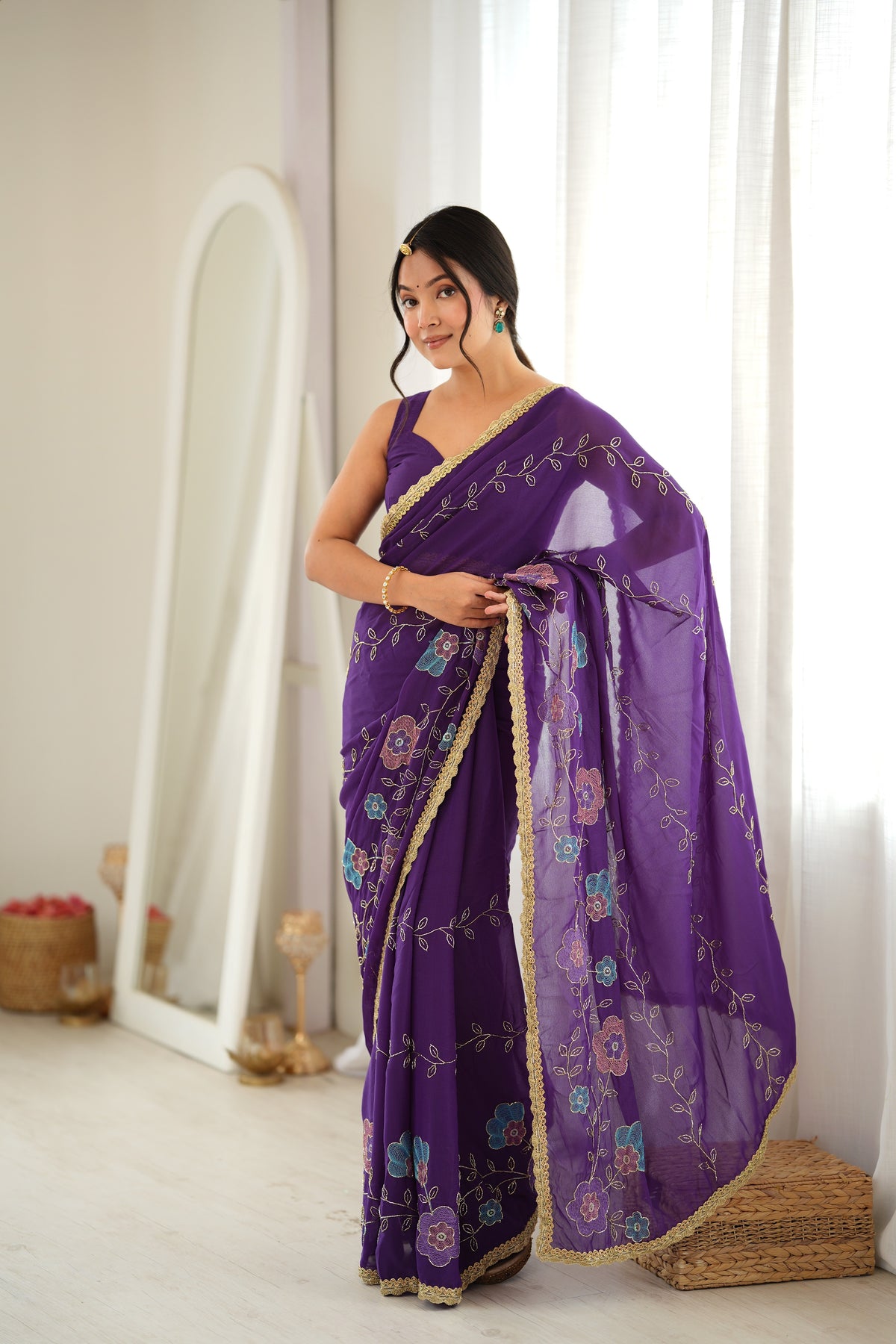 Purple Chiffon Designer Saree with Beads Work & Unstitched Blouse
