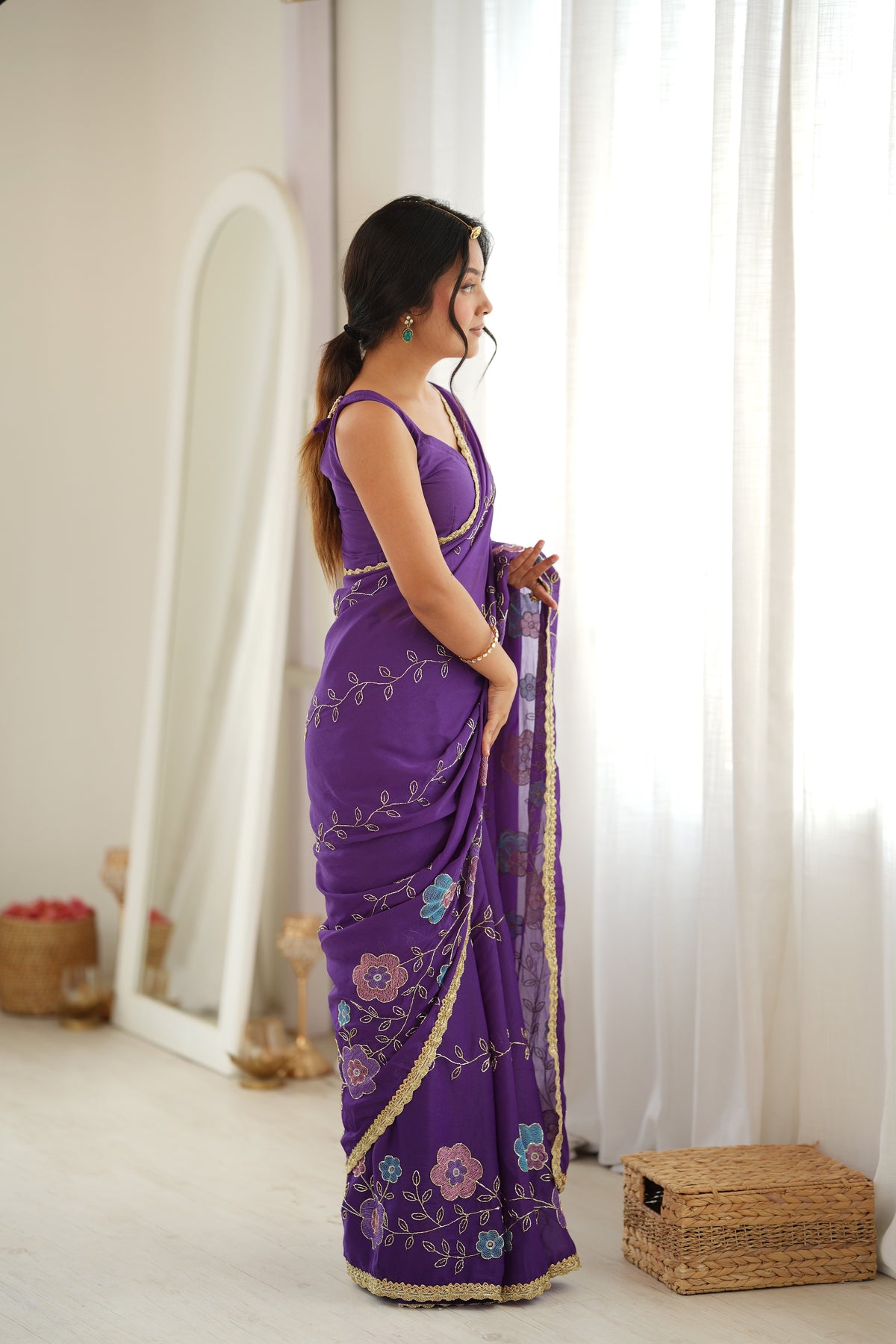 Purple Chiffon Designer Saree with Beads Work & Unstitched Blouse