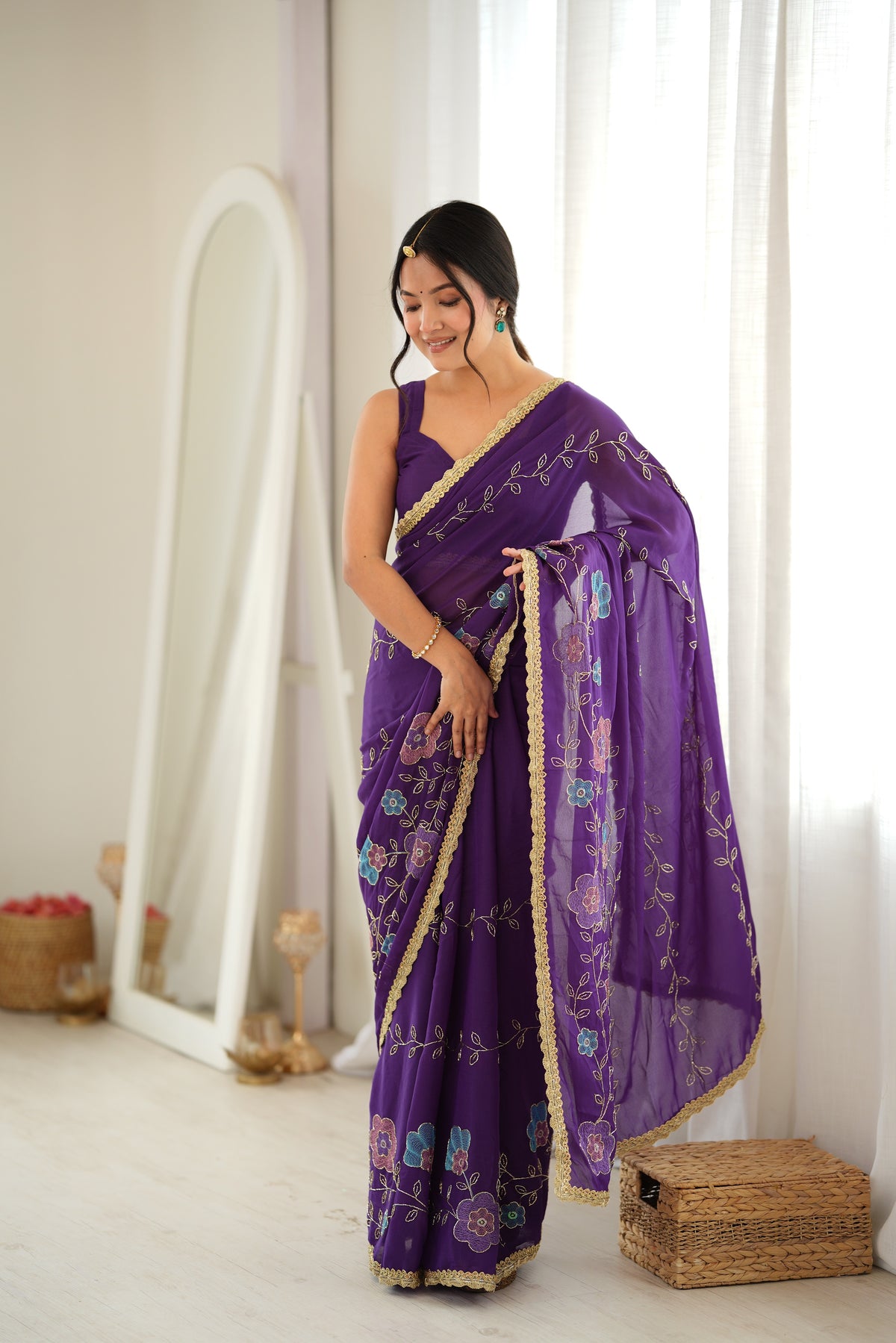 Purple Chiffon Designer Saree with Beads Work & Unstitched Blouse
