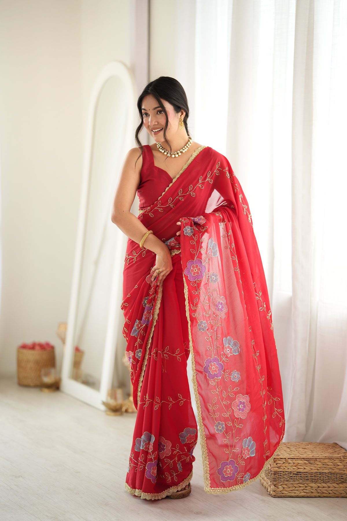 Red Chiffon Designer Saree with Beads Work & Unstitched Blouse
