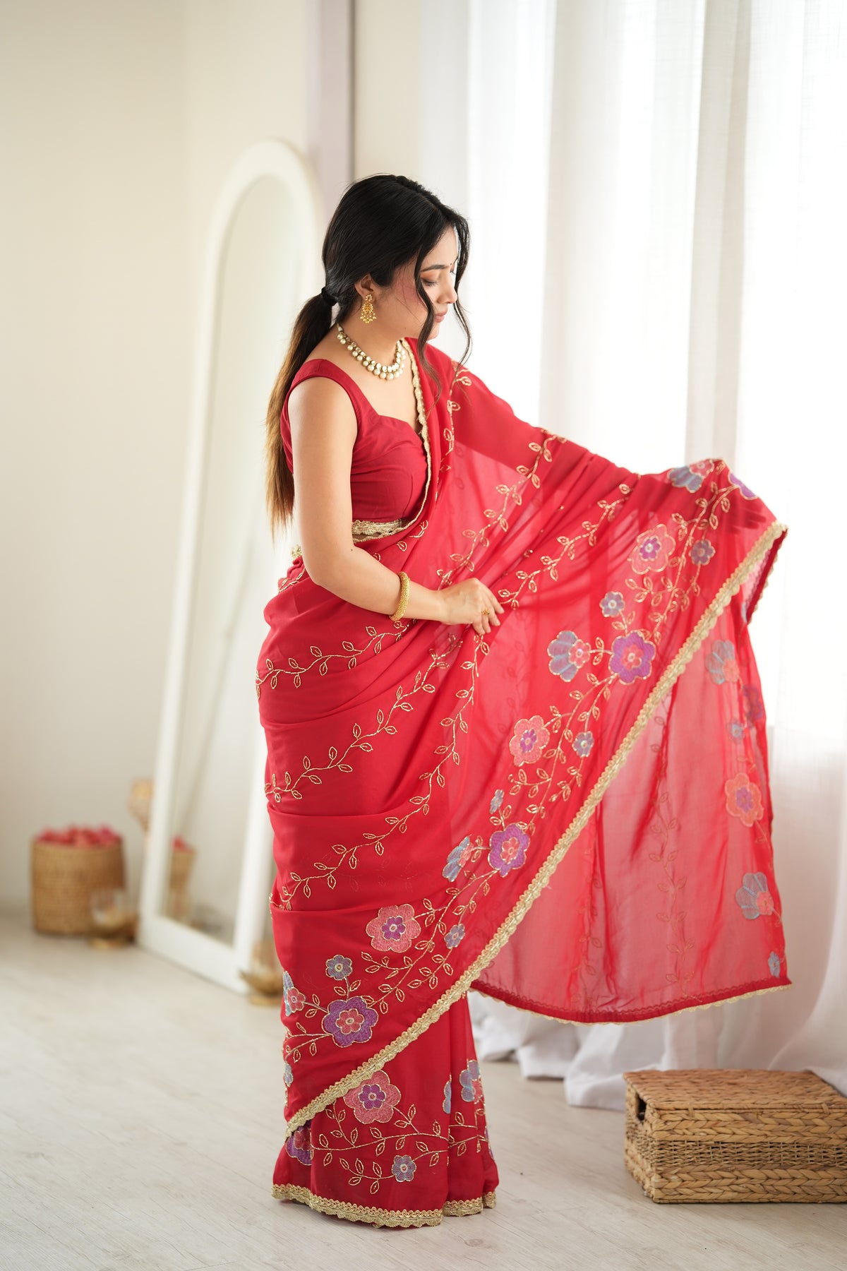 Red Chiffon Designer Saree with Beads Work & Unstitched Blouse