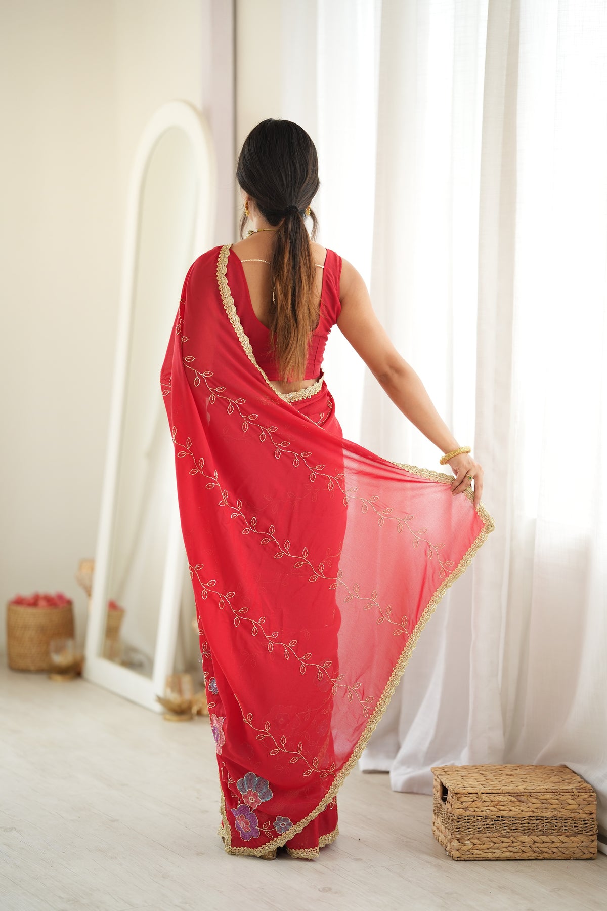 Red Chiffon Designer Saree with Beads Work & Unstitched Blouse