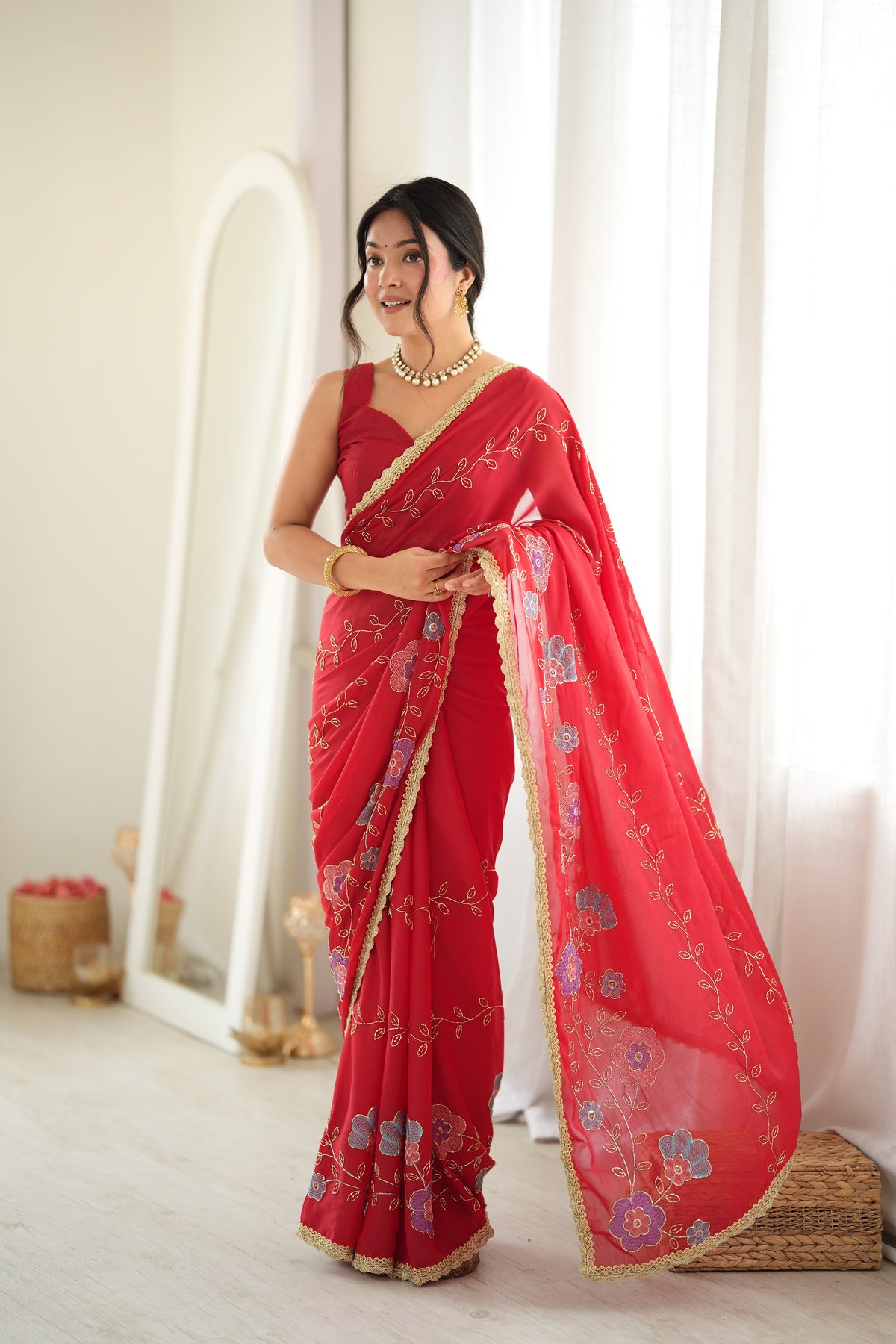 Red Chiffon Designer Saree with Beads Work & Unstitched Blouse