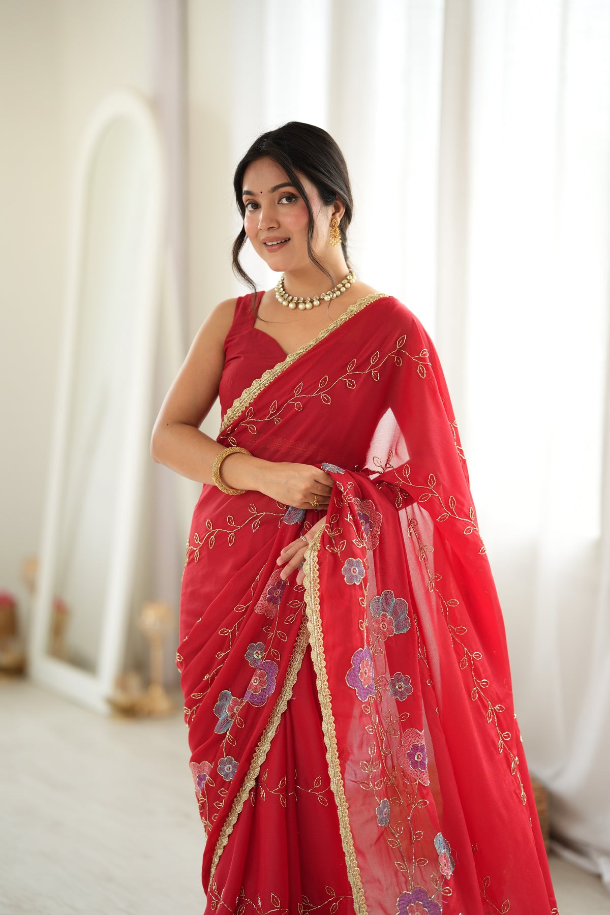 Red Chiffon Designer Saree with Beads Work & Unstitched Blouse