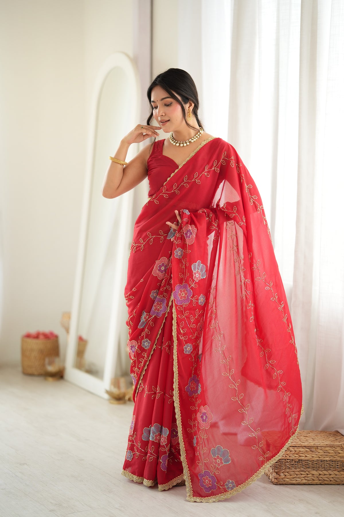 Red Chiffon Designer Saree with Beads Work & Unstitched Blouse