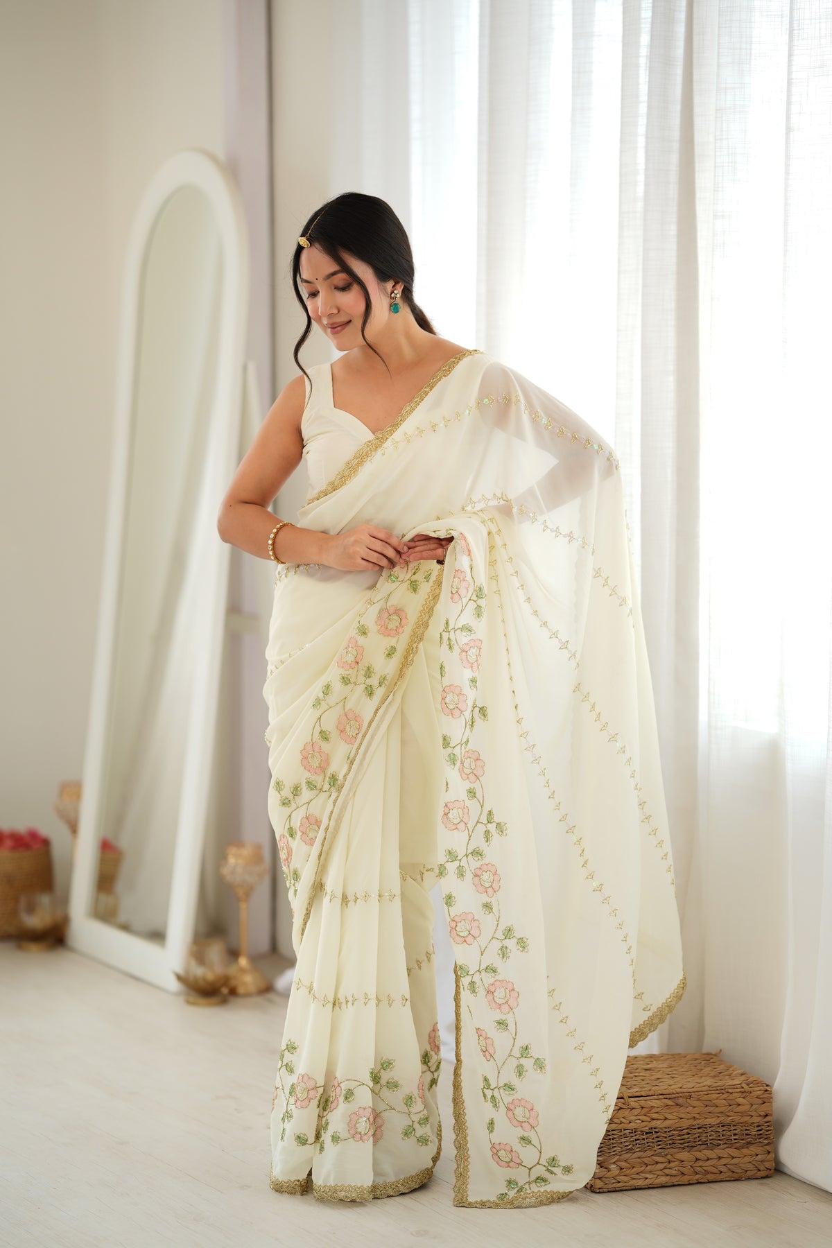 White Chiffon Designer Saree with Beads Work & Unstitched Blouse