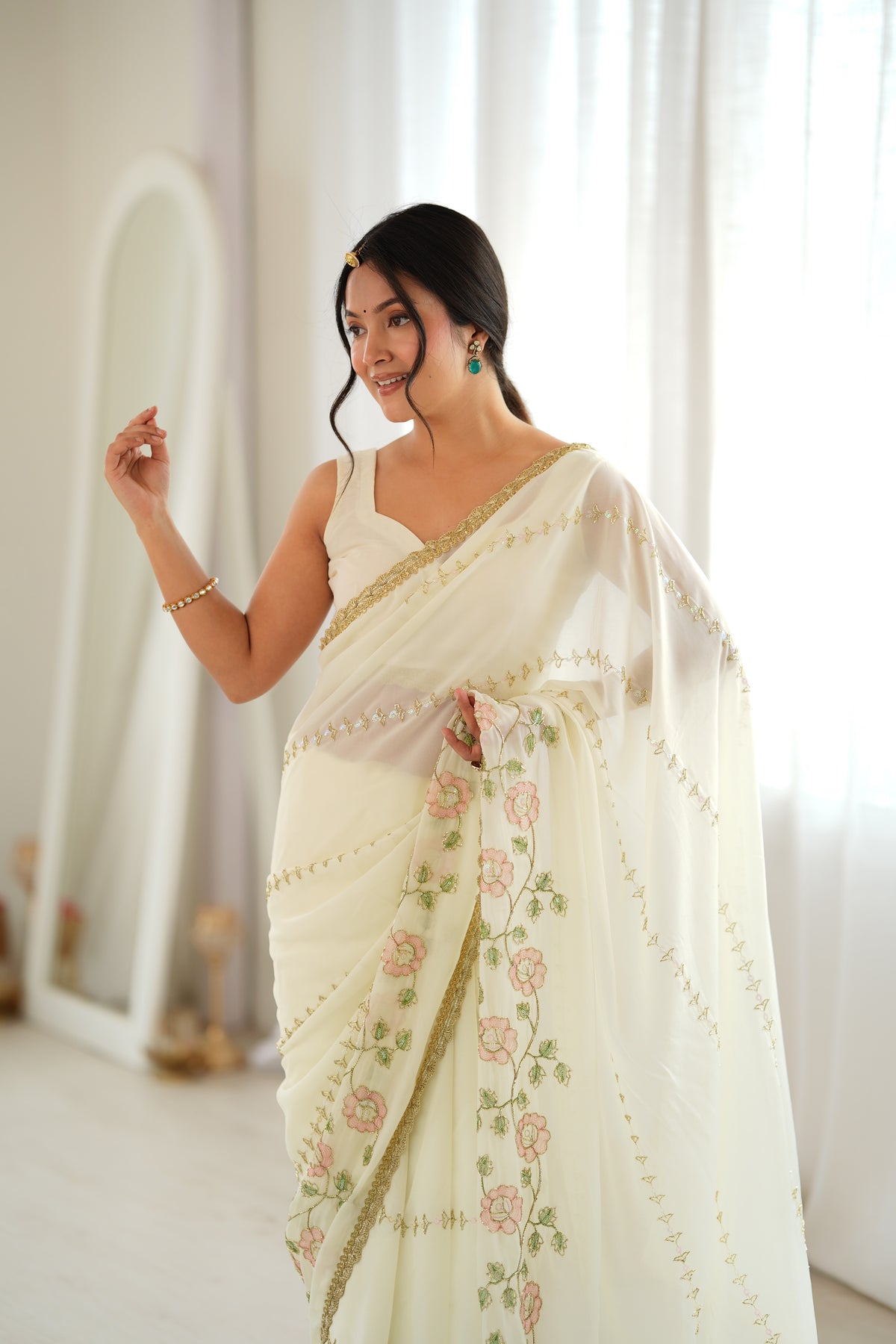 White Chiffon Designer Saree with Beads Work & Unstitched Blouse