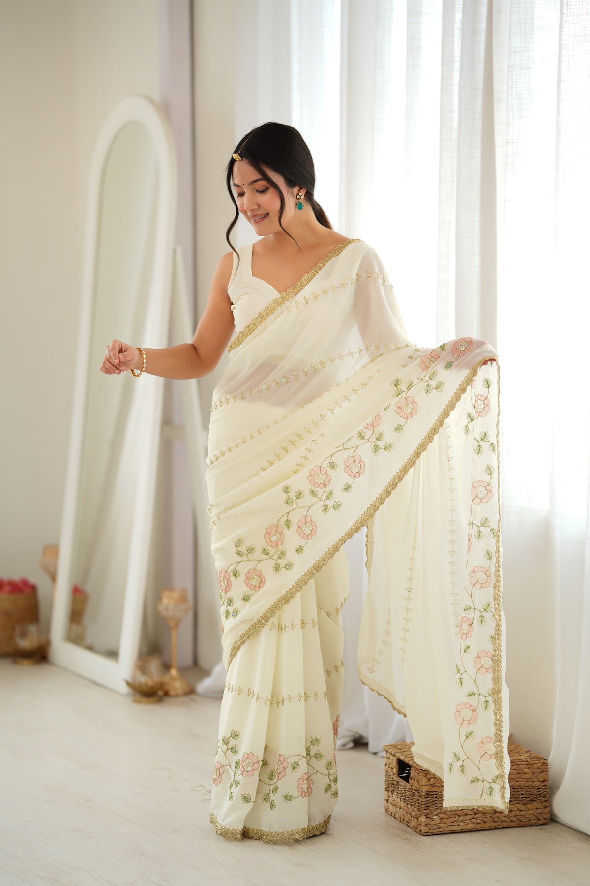 White Chiffon Designer Saree with Beads Work & Unstitched Blouse