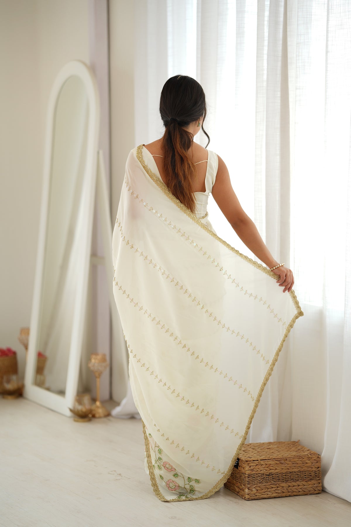 White Chiffon Designer Saree with Beads Work & Unstitched Blouse