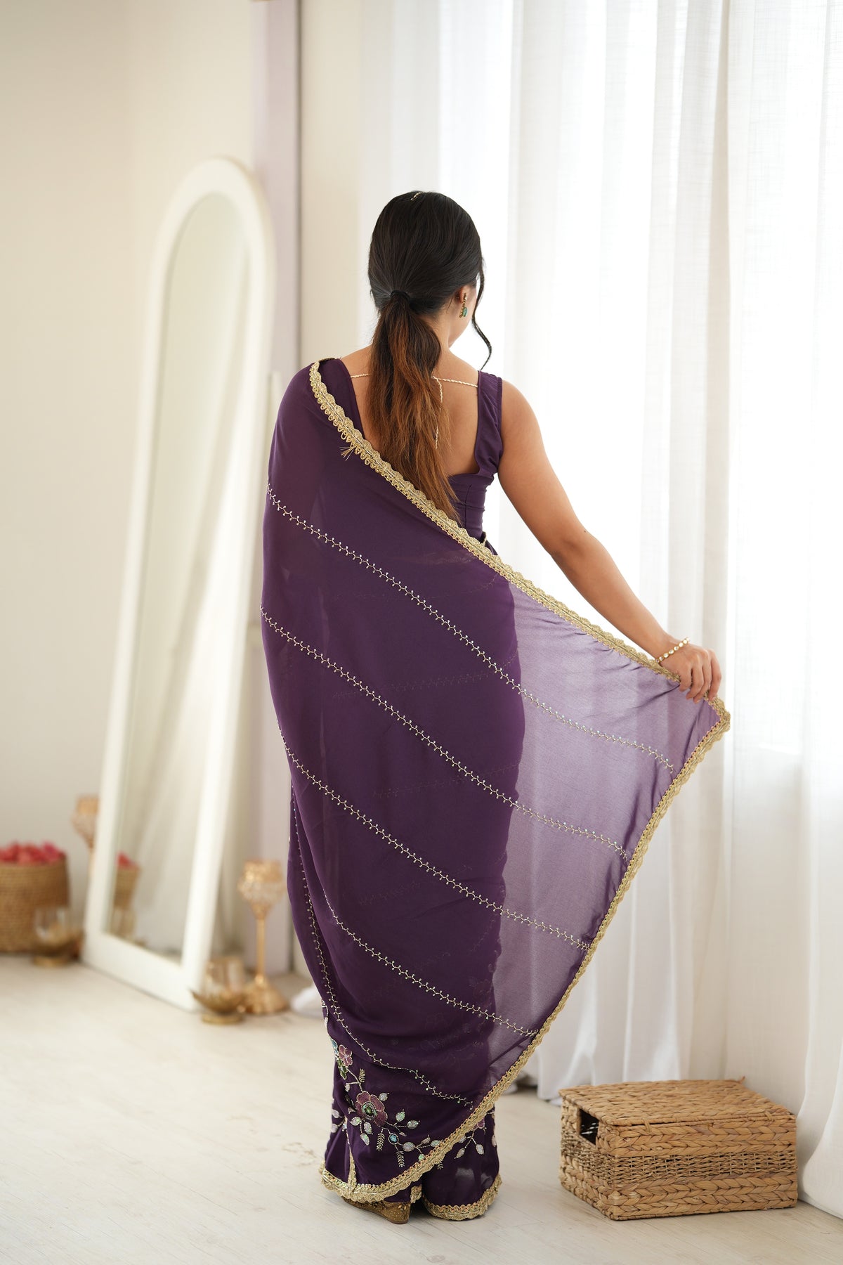 Wine Chiffon Designer Saree with Beads Work & Unstitched Blouse