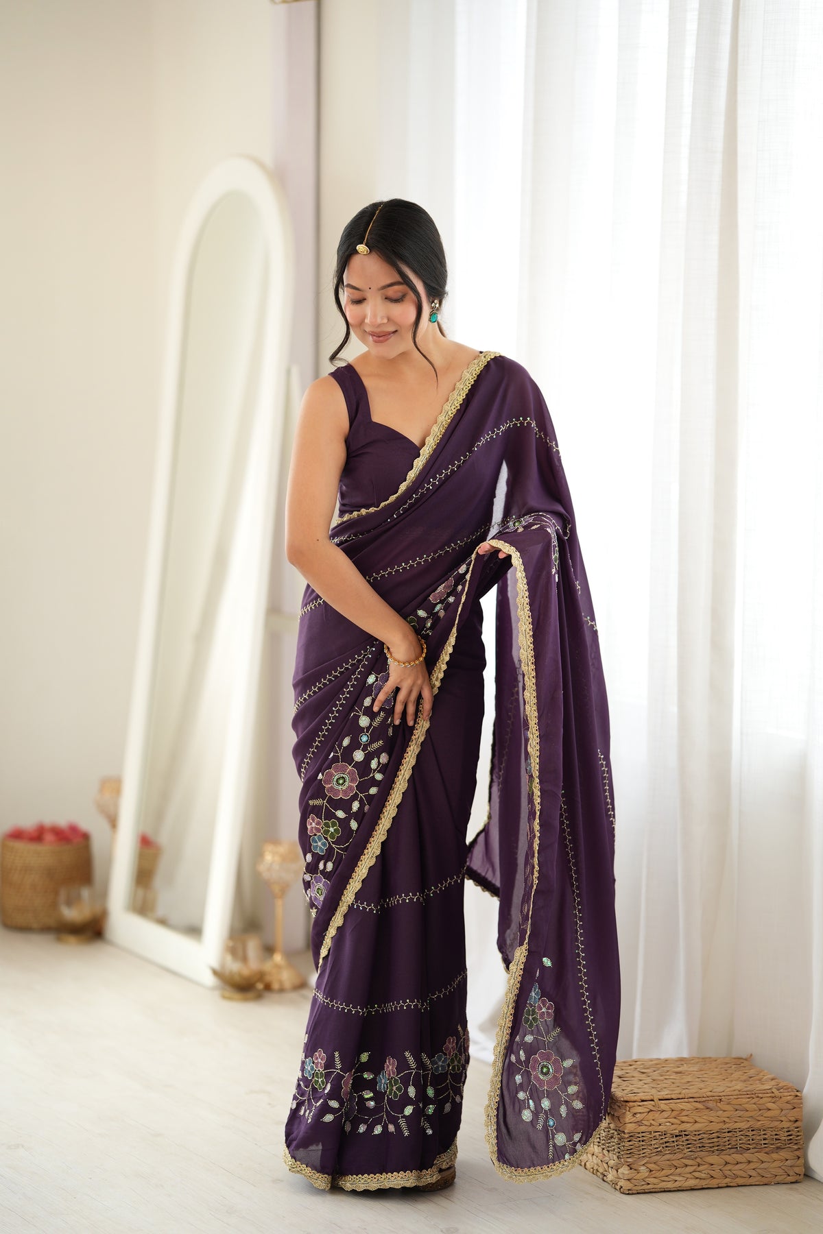 Wine Chiffon Designer Saree with Beads Work & Unstitched Blouse