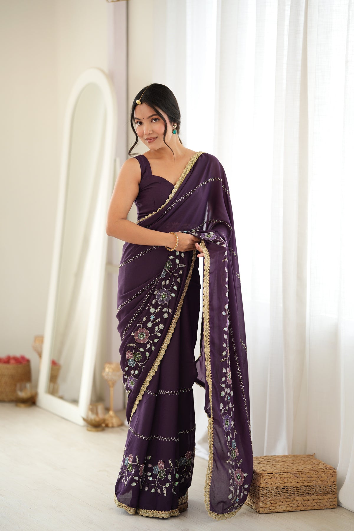 Wine Chiffon Designer Saree with Beads Work & Unstitched Blouse