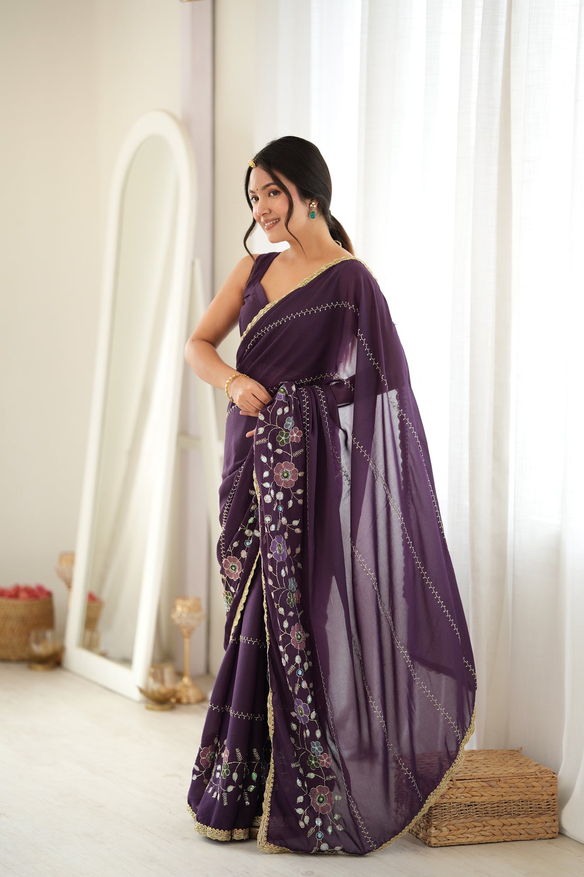 Wine Chiffon Designer Saree with Beads Work & Unstitched Blouse