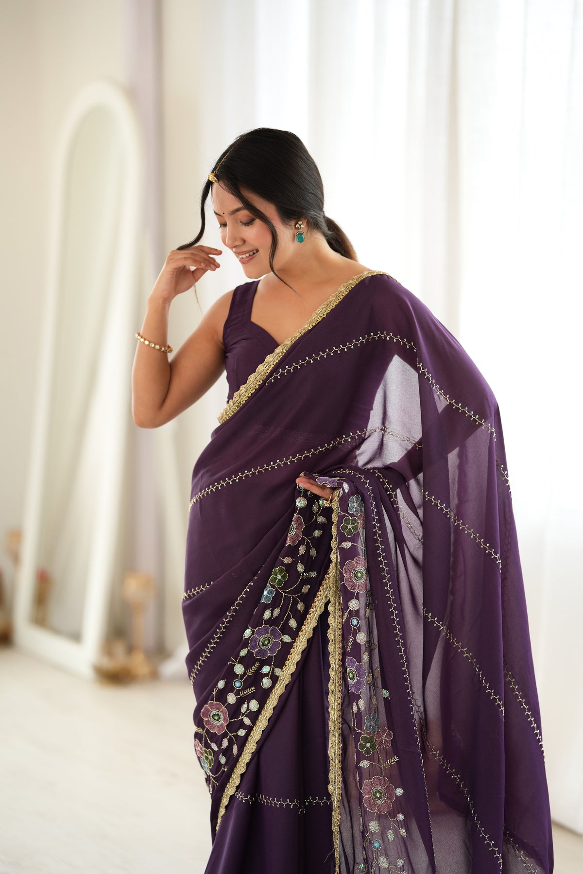 Wine Chiffon Designer Saree with Beads Work & Unstitched Blouse
