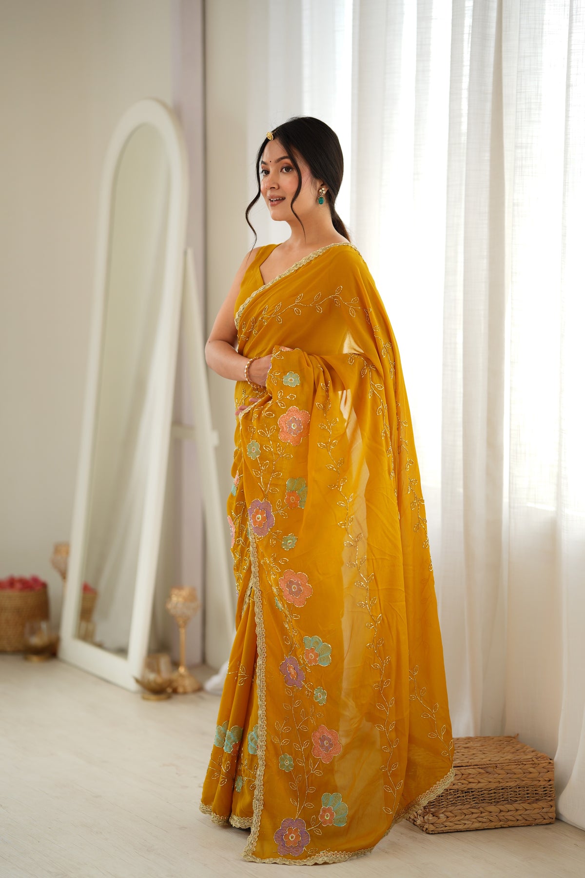 Yellow Chiffon Designer Saree with Beads Work & Unstitched Blouse