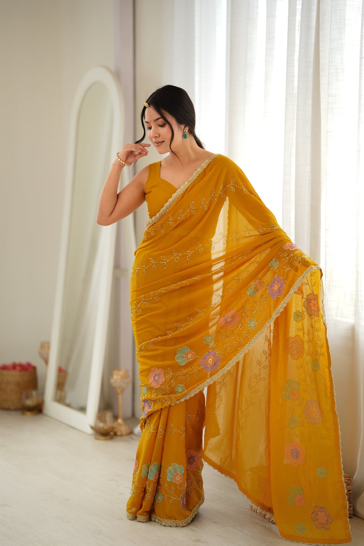 Yellow Chiffon Designer Saree with Beads Work & Unstitched Blouse