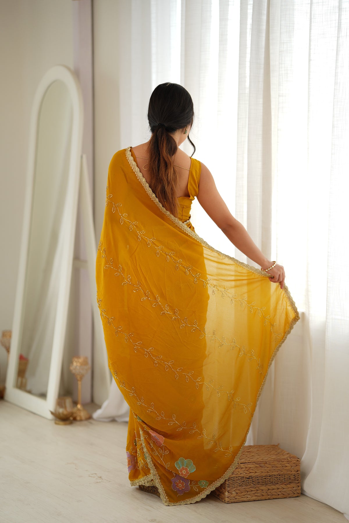 Yellow Chiffon Designer Saree with Beads Work & Unstitched Blouse