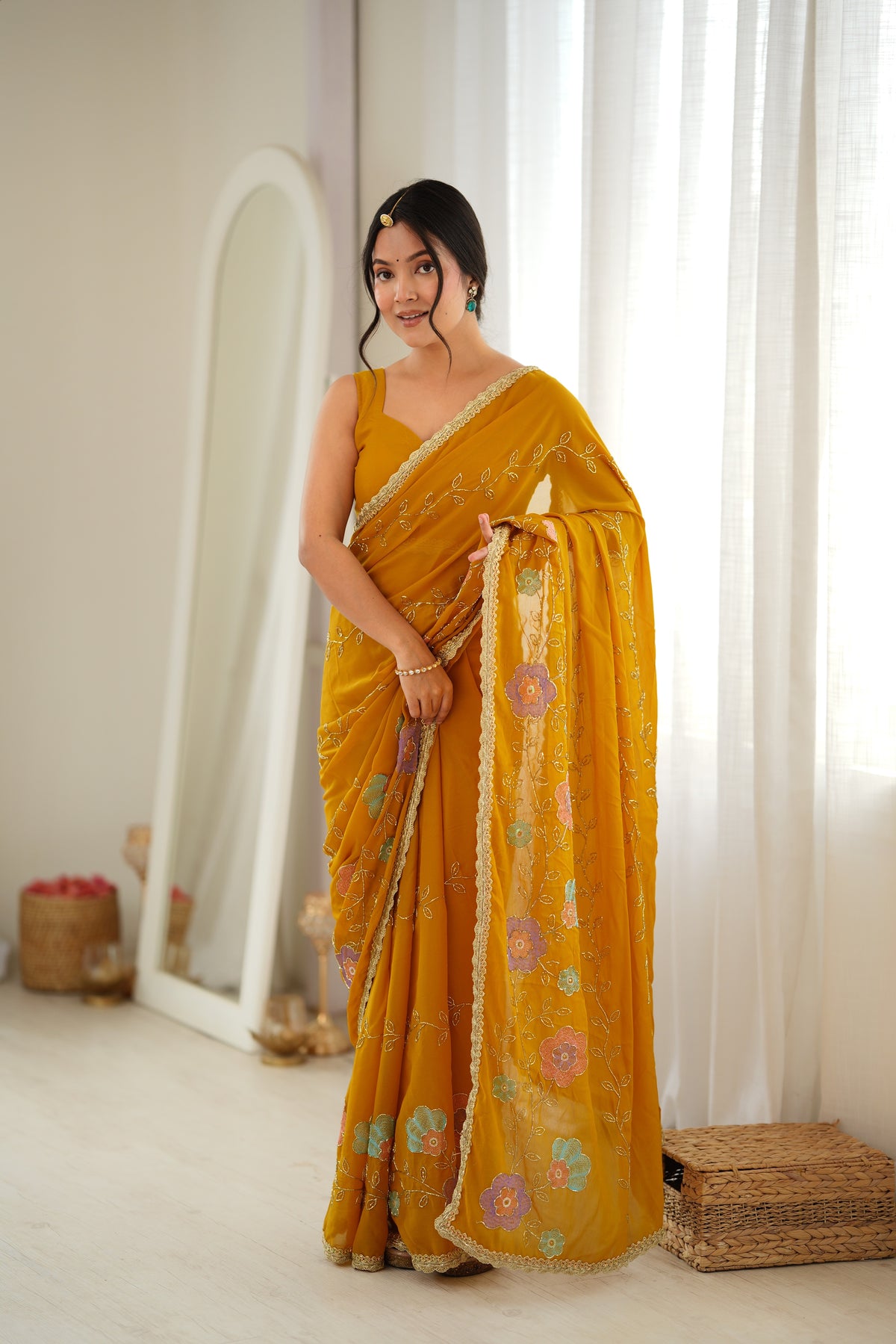 Yellow Chiffon Designer Saree with Beads Work & Unstitched Blouse