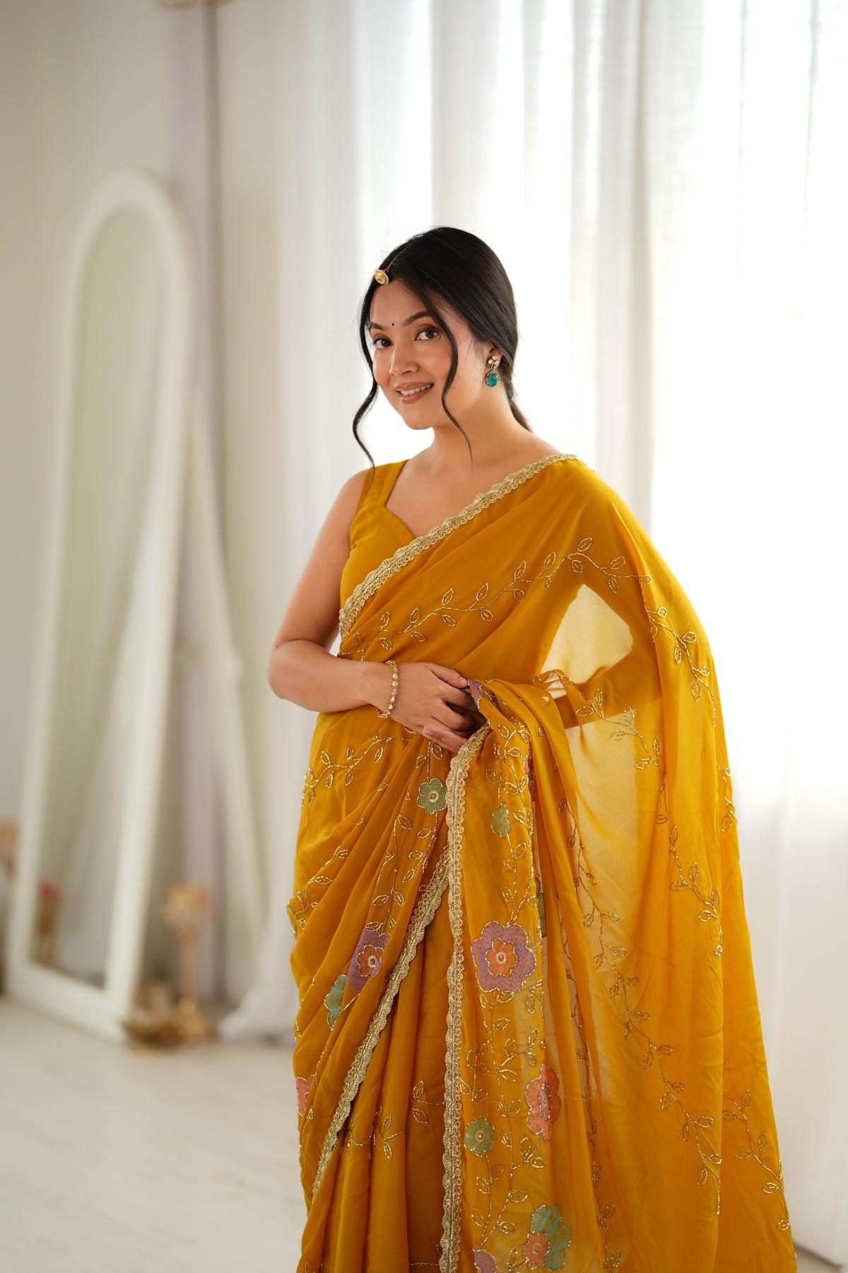 Yellow Chiffon Designer Saree with Beads Work & Unstitched Blouse