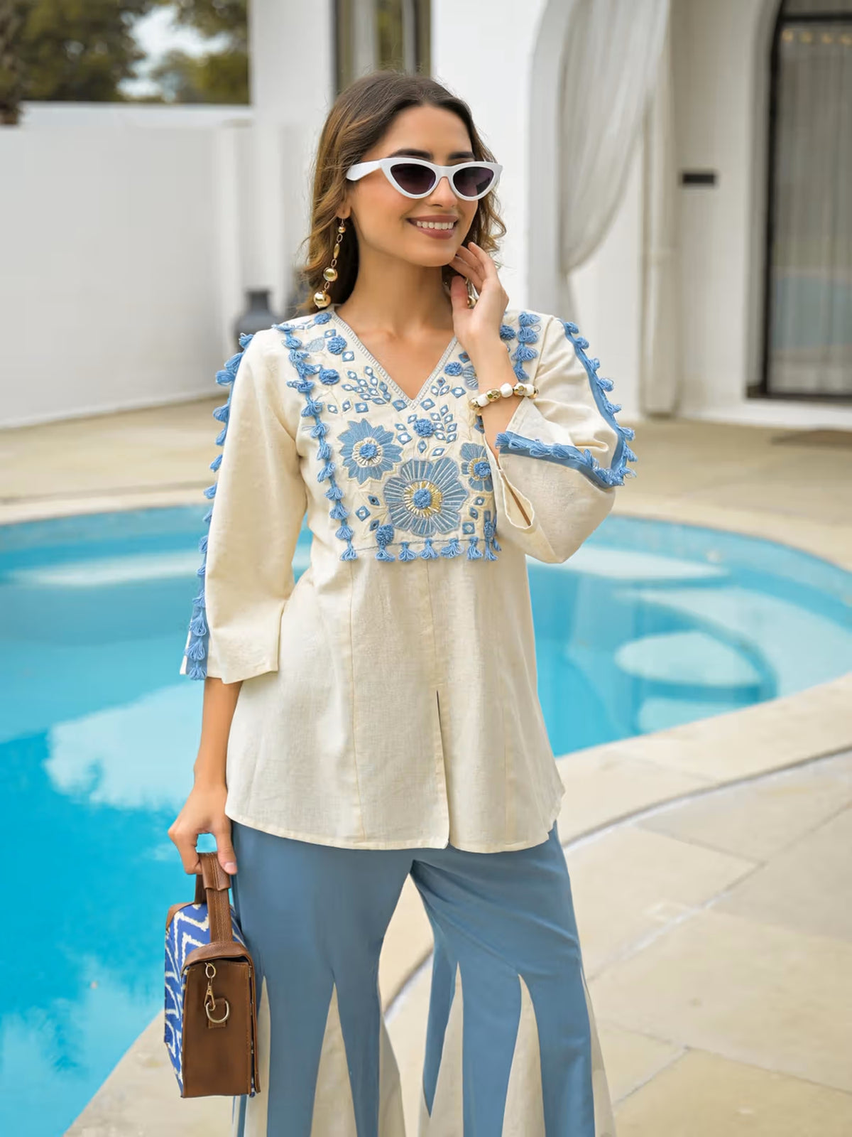 Cream & Sky Blue Floral Embroidered Flared Co-Ord Set
