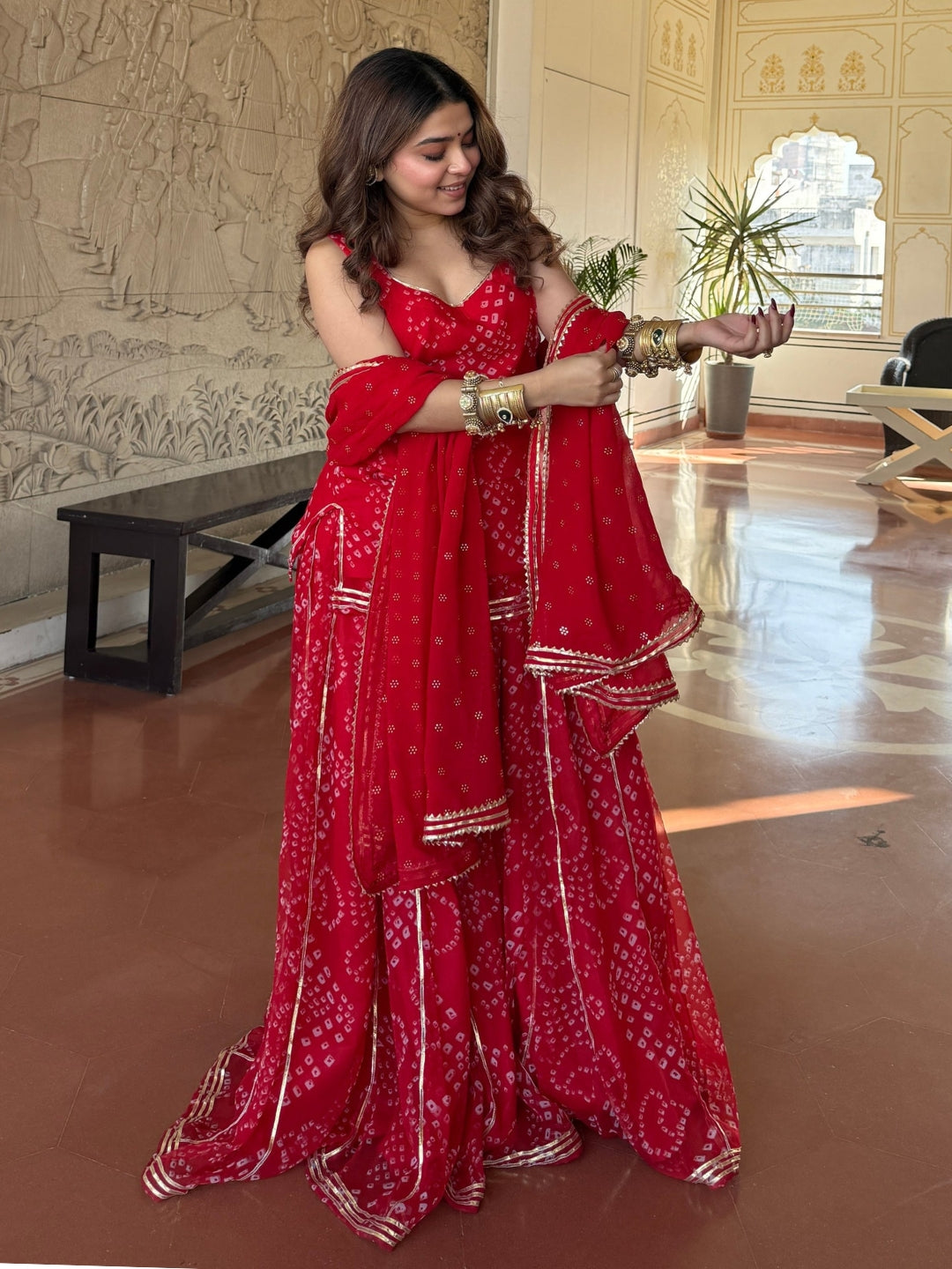 Red Silk Embroidered Peplum Sharara Set With Dupatta For Women