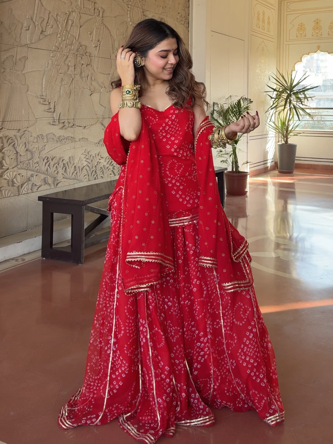 Red Silk Embroidered Peplum Sharara Set With Dupatta For Women
