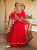 Women's Red Silk Anarkali Suit Set with Embroidered Neckline & Printed Dupatta