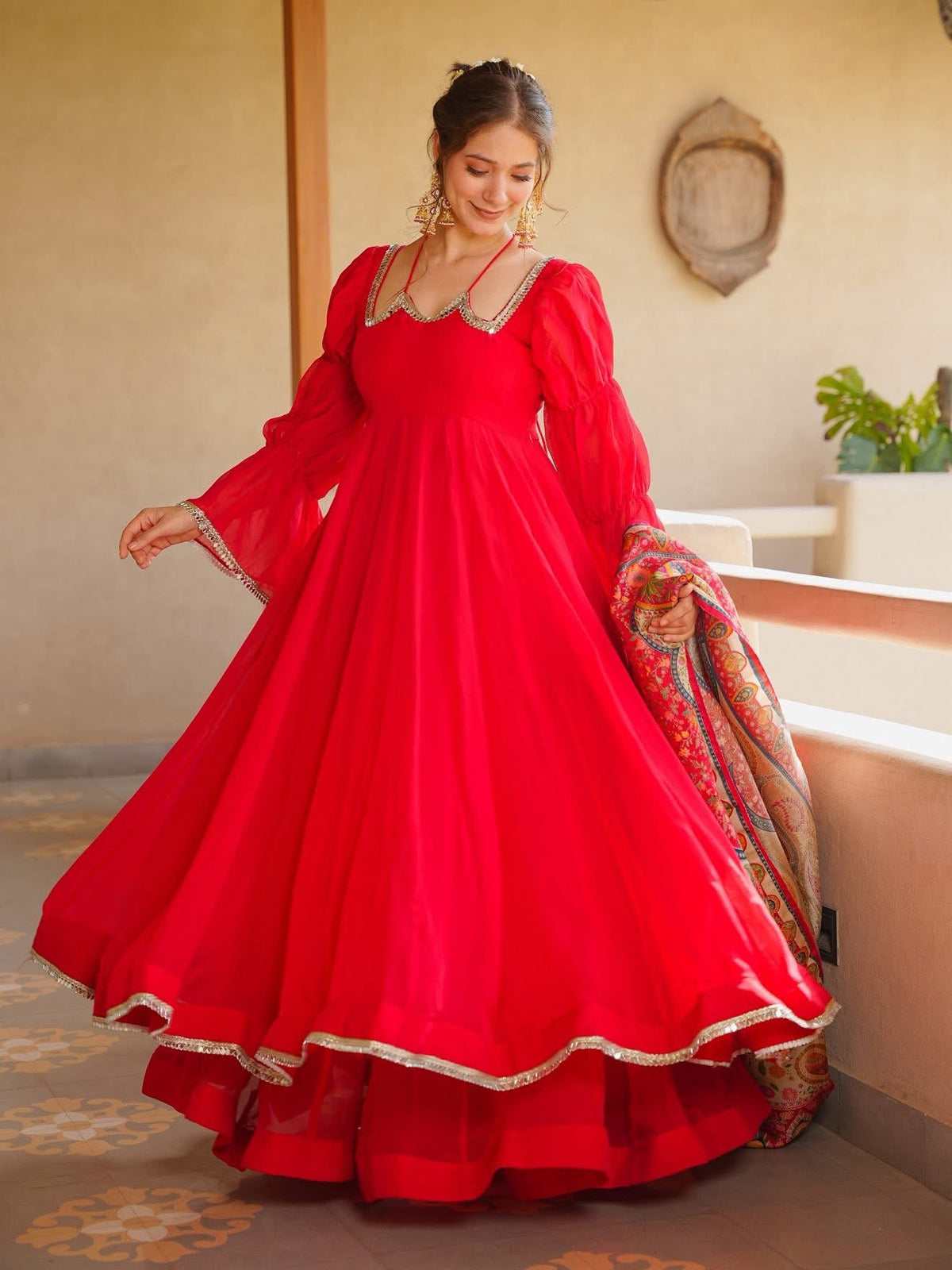 Women's Red Silk Anarkali Suit Set with Embroidered Neckline & Printed Dupatta
