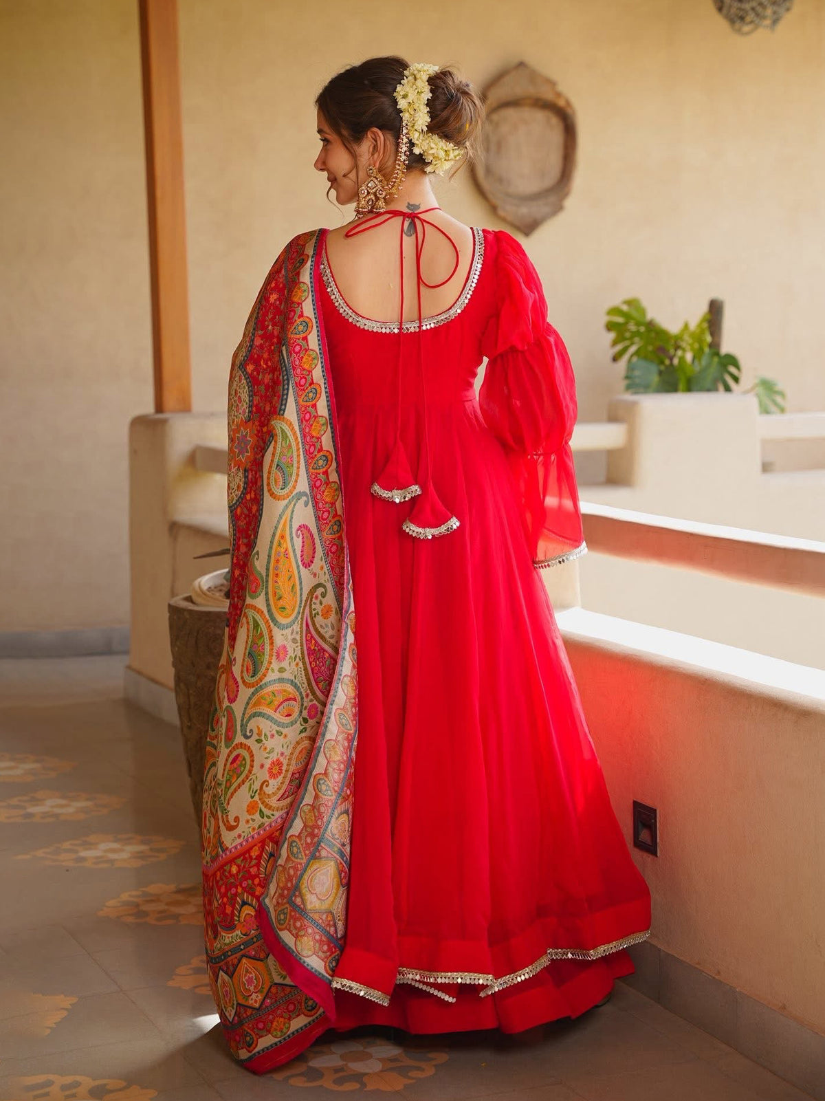 Women's Red Silk Anarkali Suit Set with Embroidered Neckline & Printed Dupatta