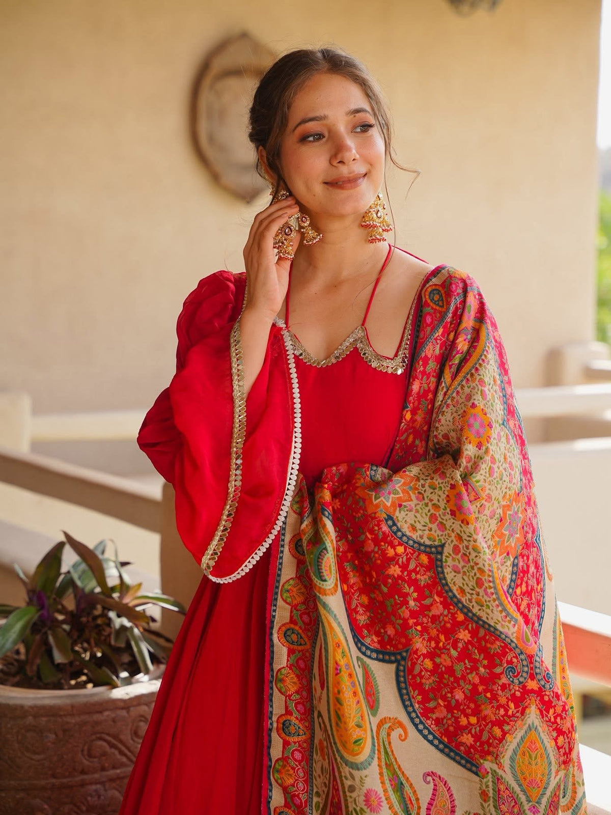 Women's Red Silk Anarkali Suit Set with Embroidered Neckline & Printed Dupatta