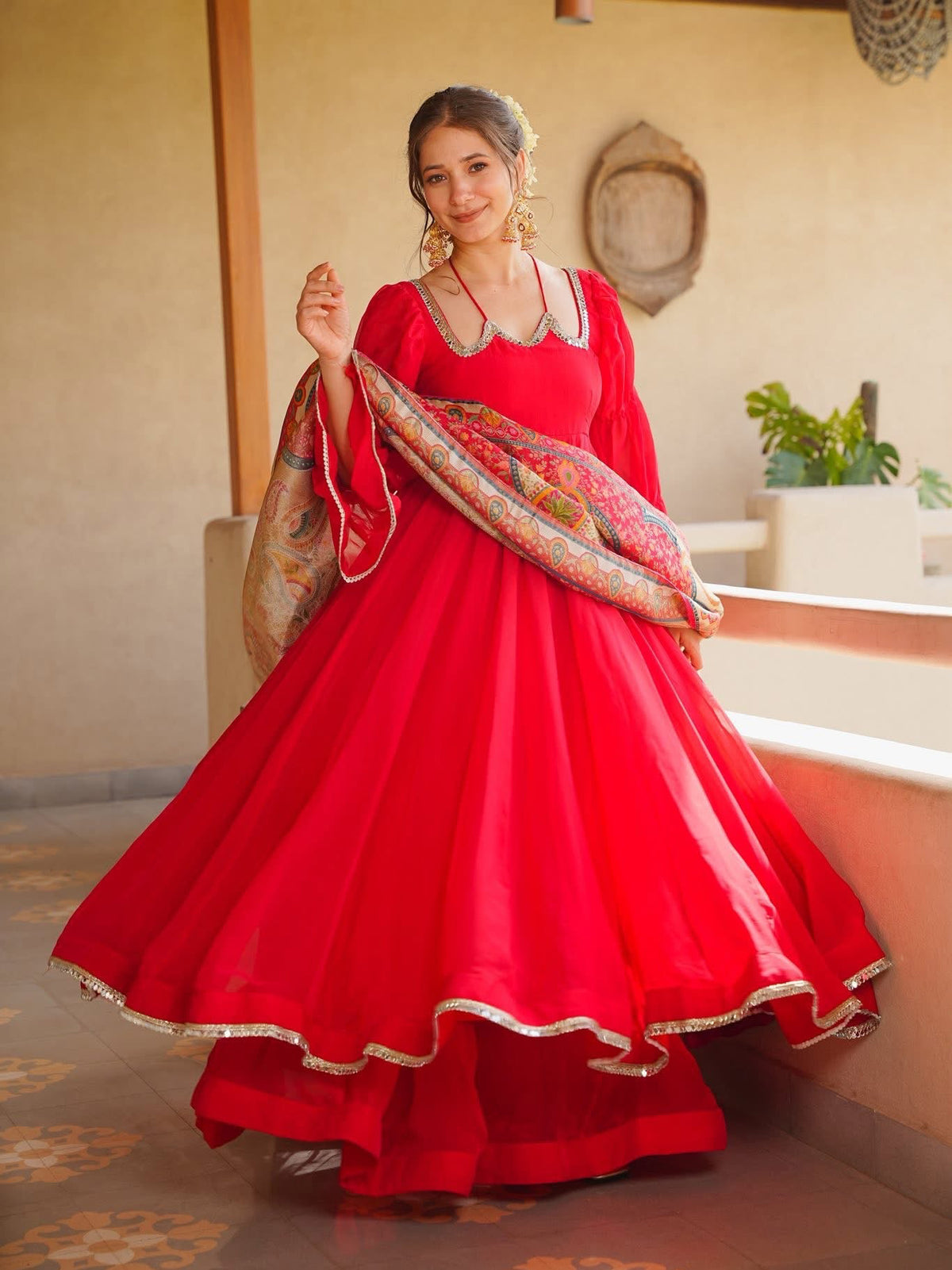 Women's Red Silk Anarkali Suit Set with Embroidered Neckline & Printed Dupatta