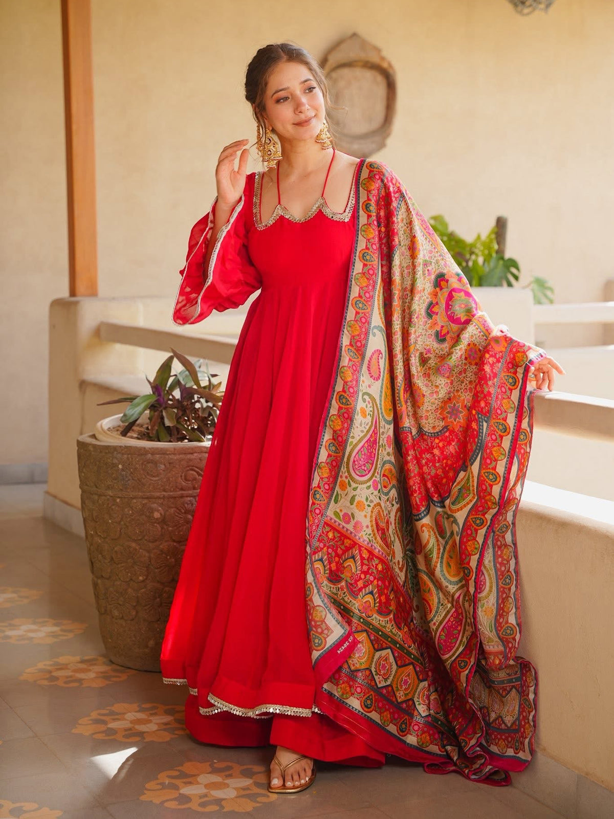 Women's Red Silk Anarkali Suit Set with Embroidered Neckline & Printed Dupatta