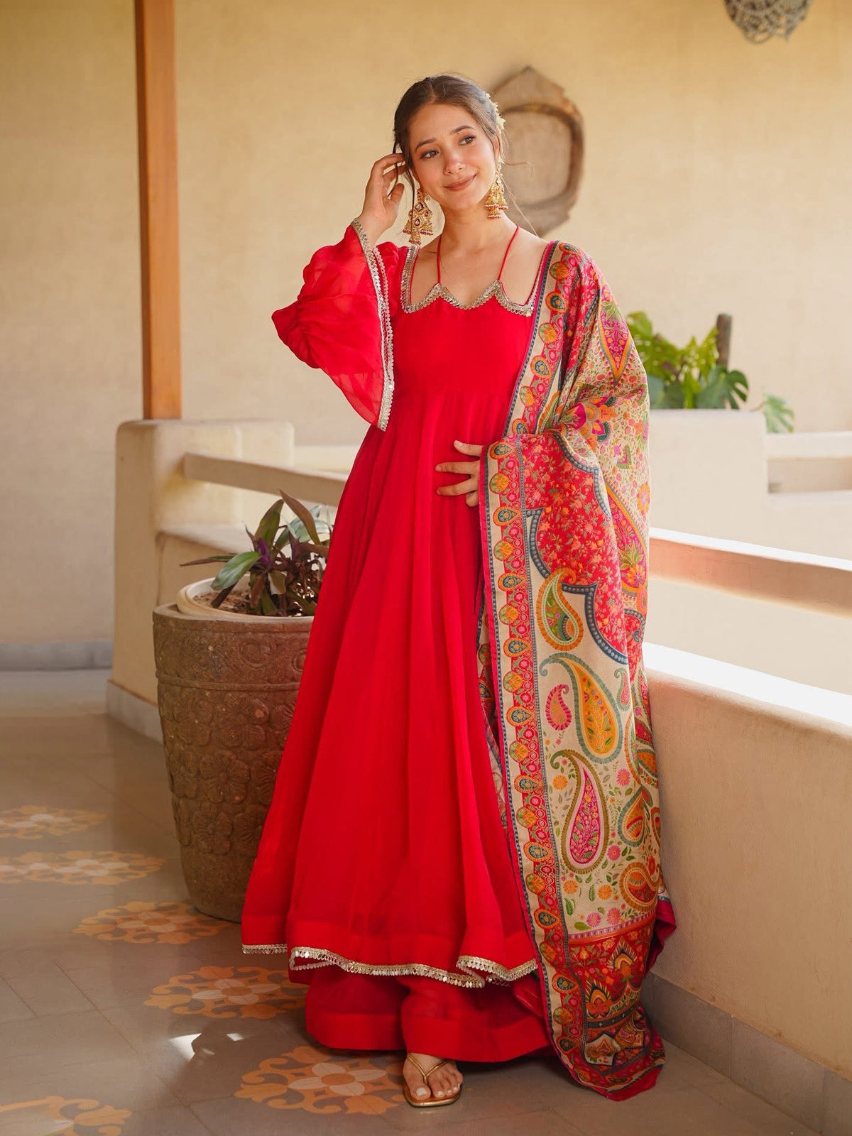 Women's Red Silk Anarkali Suit Set with Embroidered Neckline & Printed Dupatta