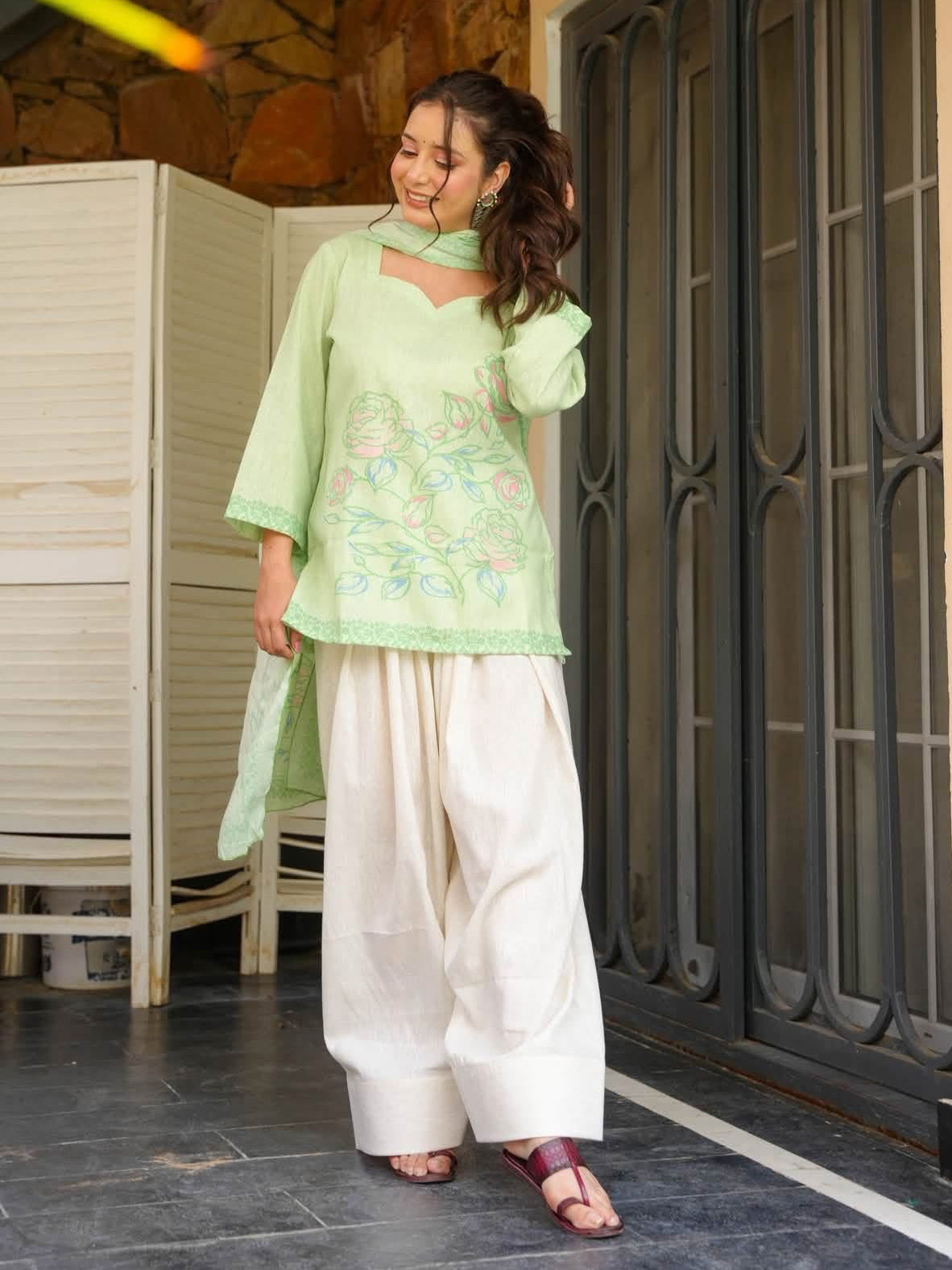 Women's Premium Pista Green Silk Printed Kurta Set with Farshi Salwar