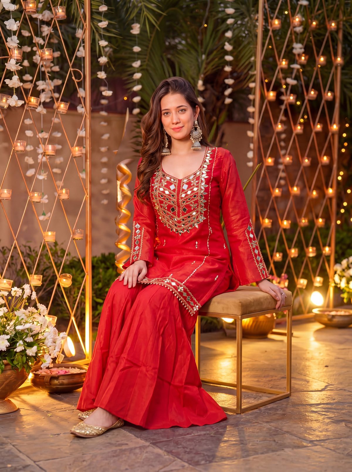 Rust Signature Mirror Embellished Palazzo Set
