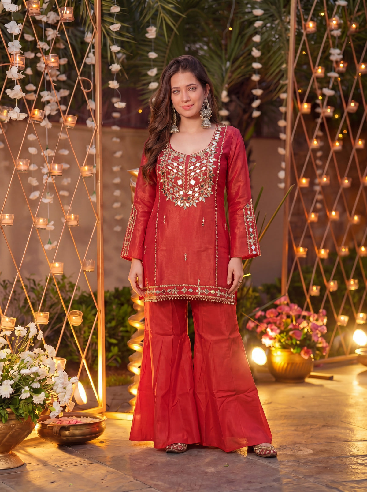 Rust Signature Mirror Embellished Palazzo Set