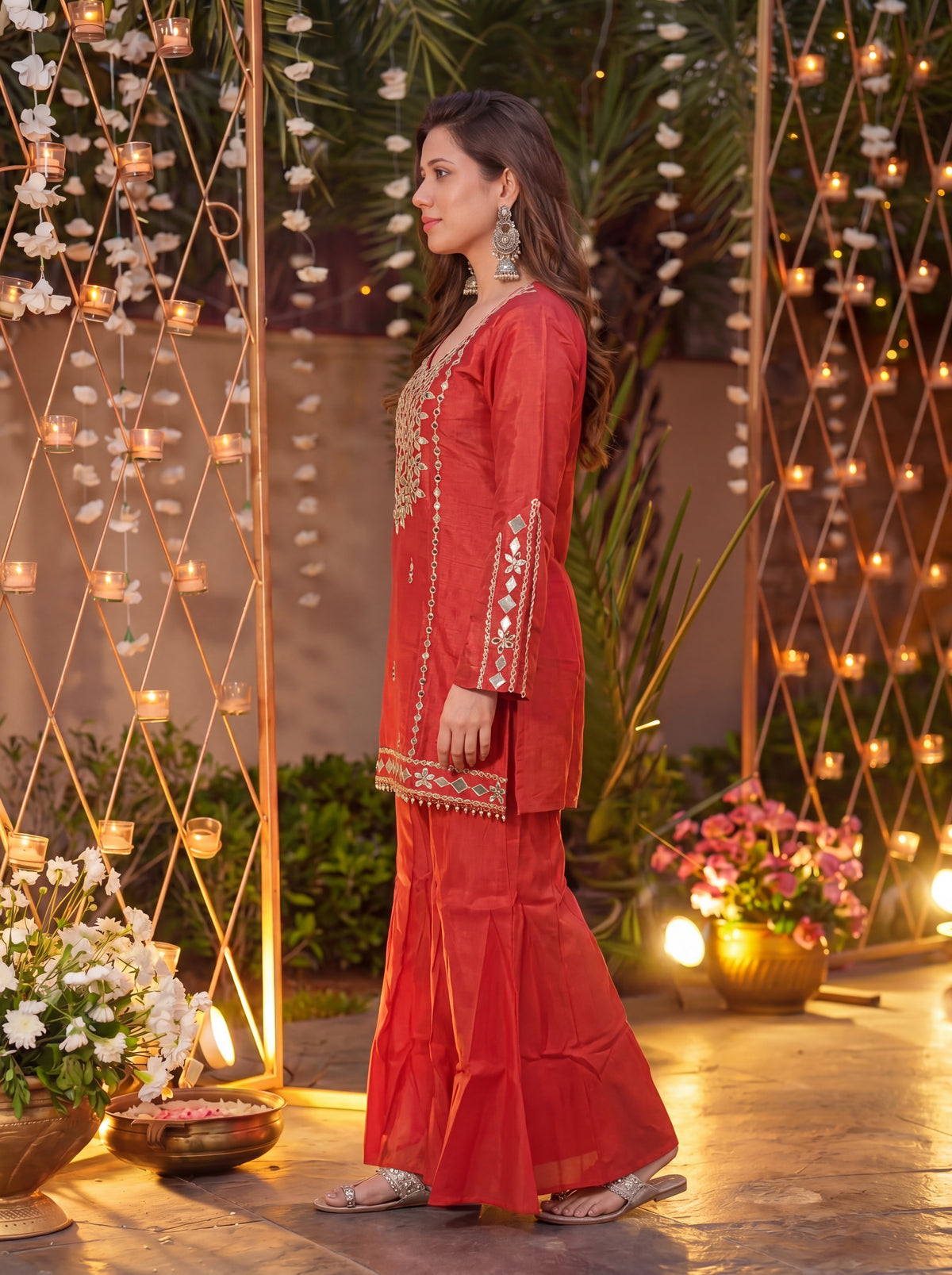 Rust Signature Mirror Embellished Palazzo Set