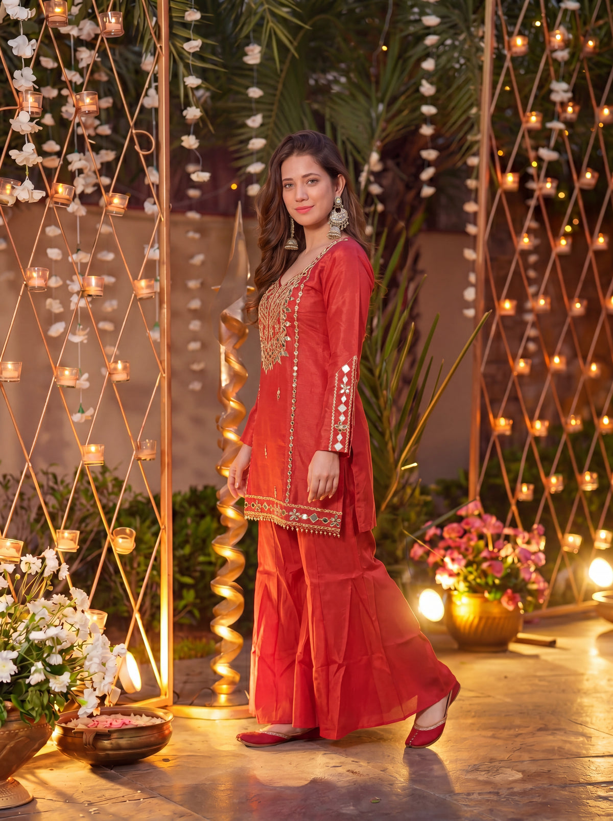 Rust Signature Mirror Embellished Palazzo Set