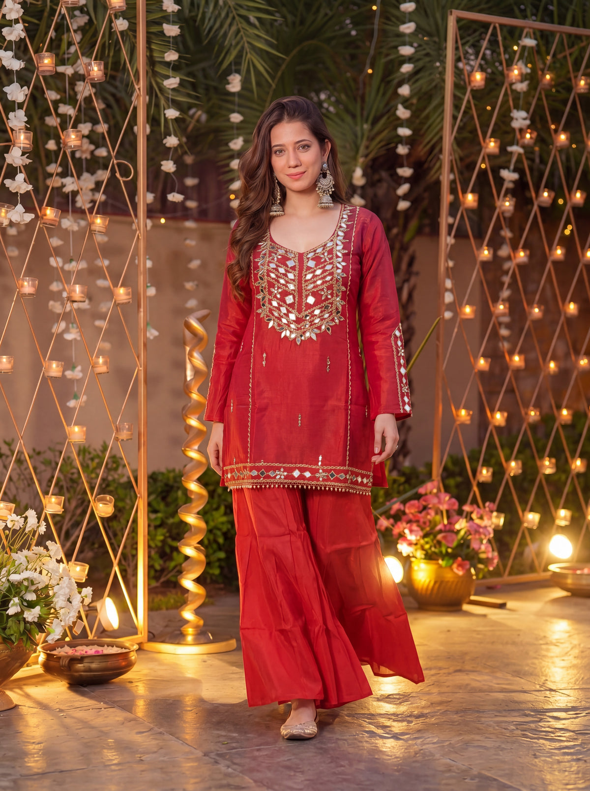 Rust Signature Mirror Embellished Palazzo Set