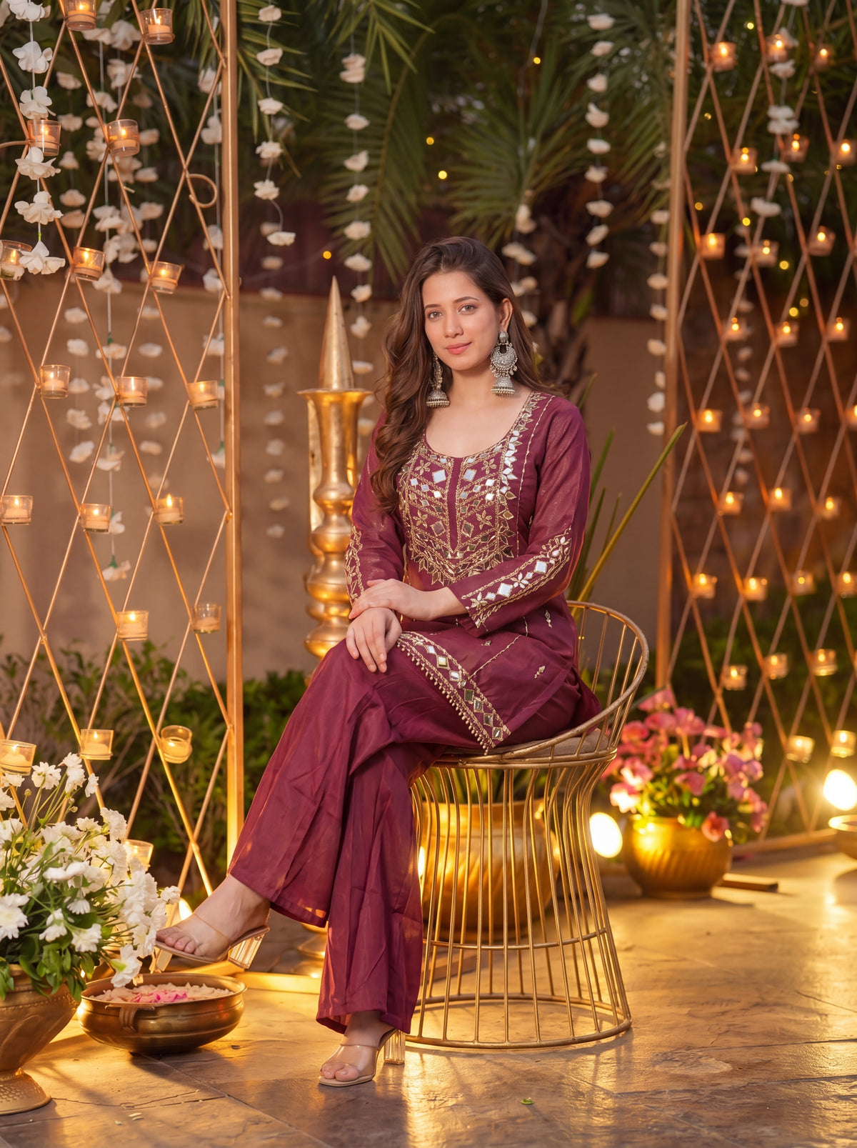 Wine Signature Mirror Embellished Palazzo Set