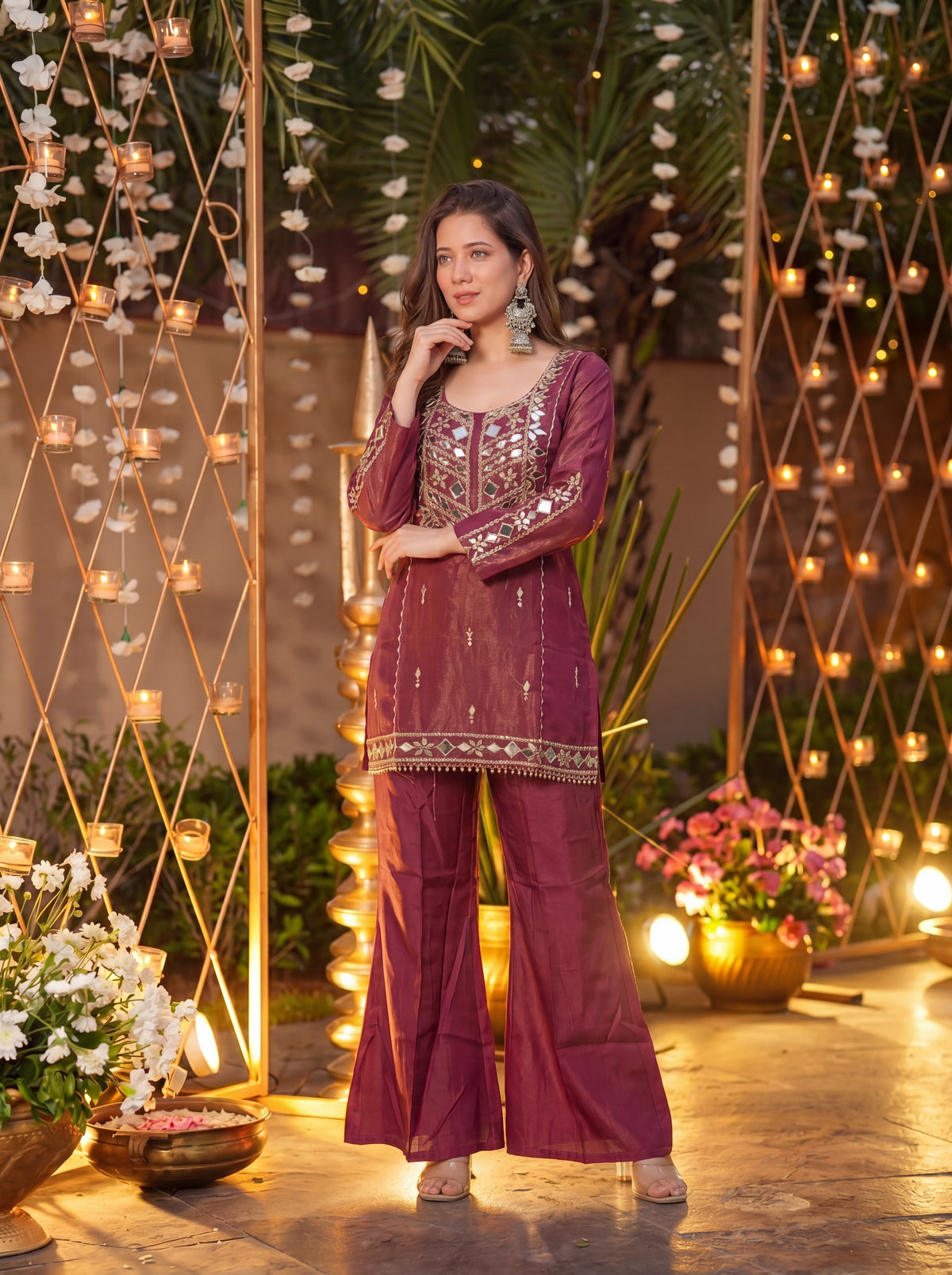 Wine Signature Mirror Embellished Palazzo Set